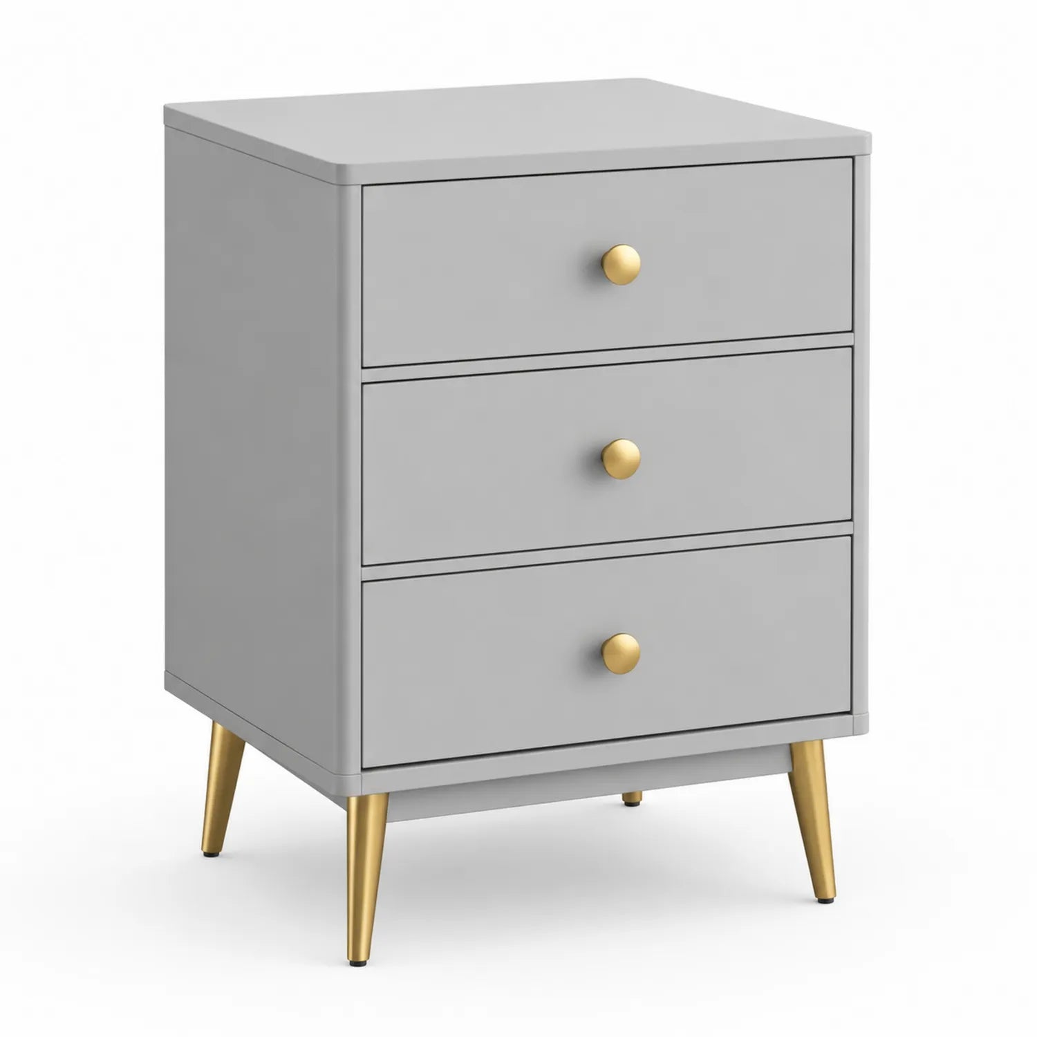 Comodino a Tre Cassetti in Legno MDF Grigio con Gambe in Metallo Dorato