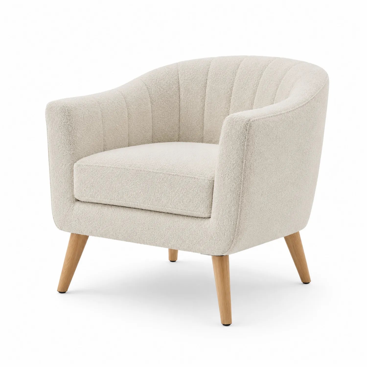 Poltrona in tessuto bouclé beige con gambe in legno