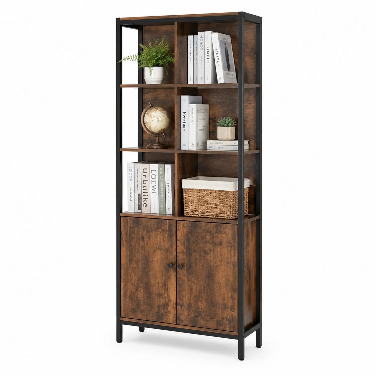 Libreria scaffale in legno e metallo marrone con ripiani e ante