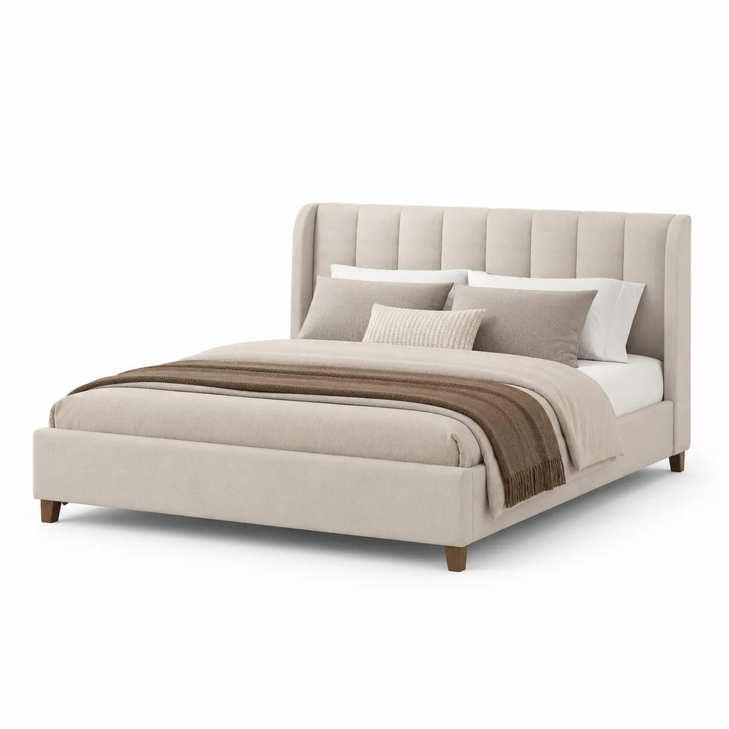 Letto imbottito in tessuto beige con testiera alta e cuscini