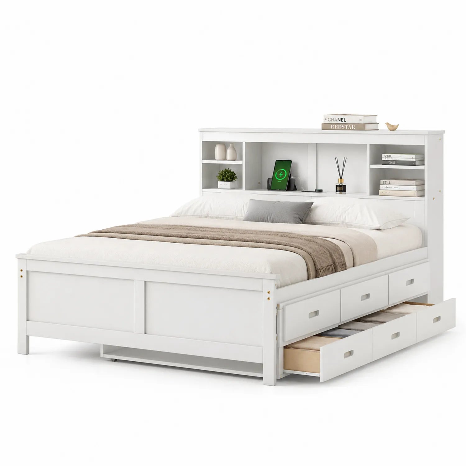 Letto matrimoniale in legno con contenitore a cassetti Bianco