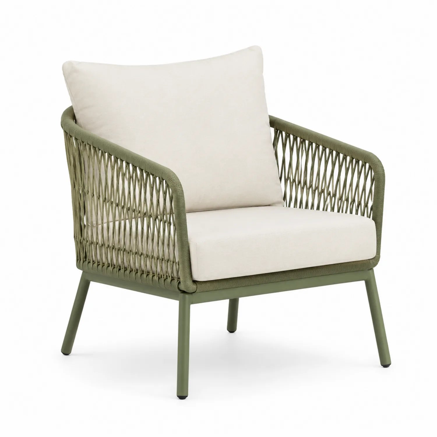 Poltrona da esterno in alluminio con corda e cuscini beige