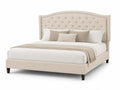Letto matrimoniale in legno con testiera imbottita in tessuto beige