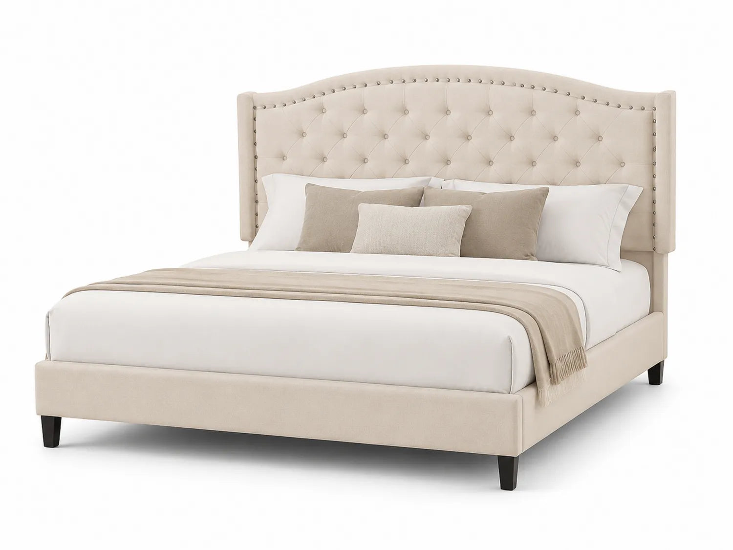 Letto matrimoniale in legno con testiera imbottita in tessuto beige