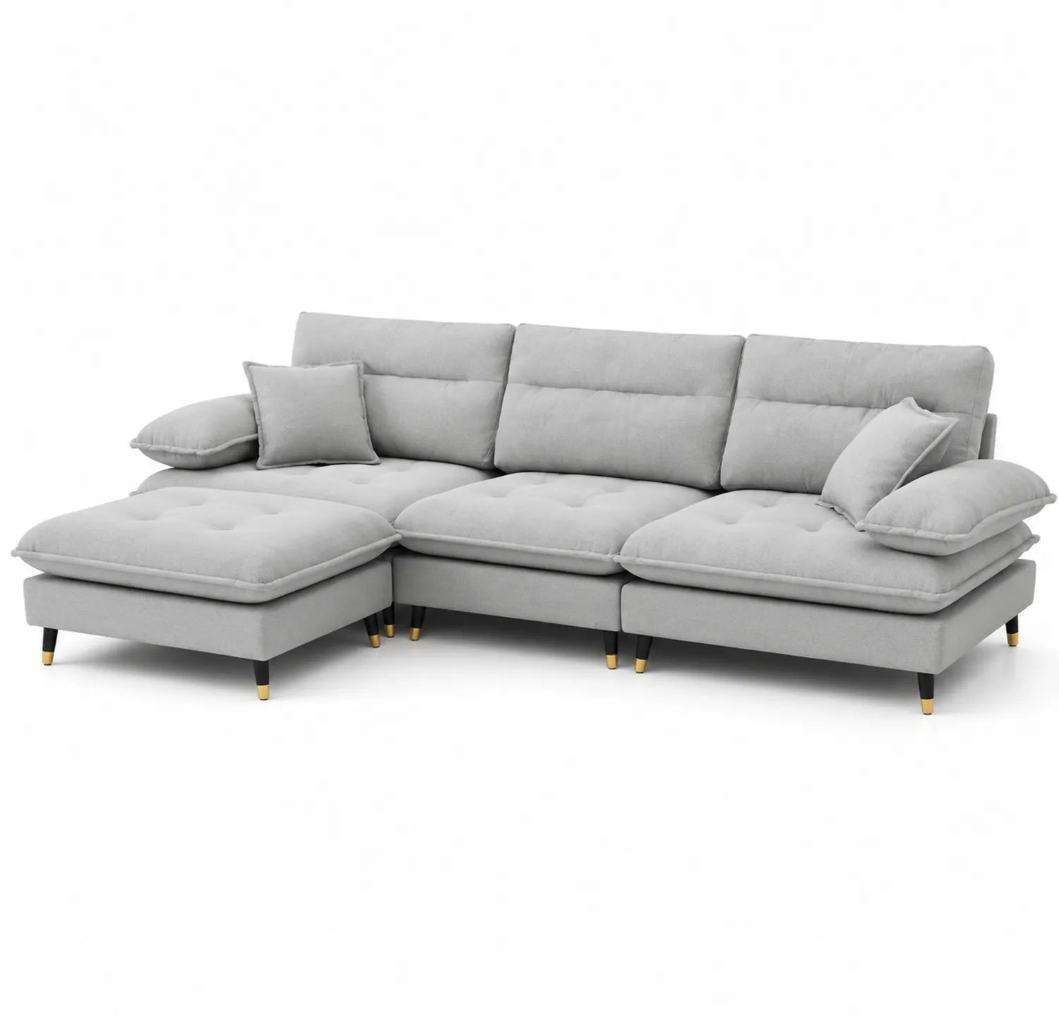 Divano angolare in tessuto grigio con struttura in legno 285x180x85 cm