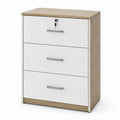 Cassettiera ufficio in legno MDF bianco e naturale con 3 cassetti e serratura 80x40x105 cm