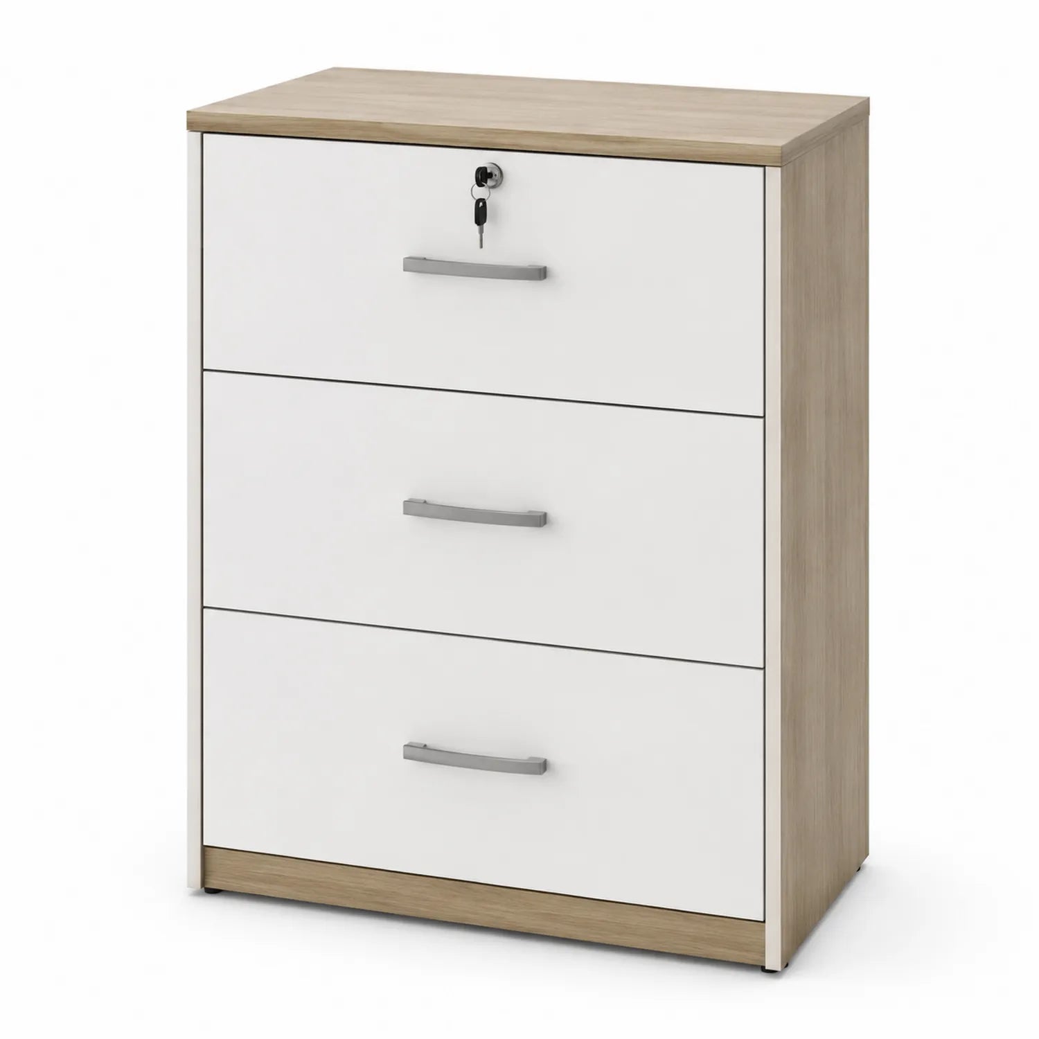 Cassettiera ufficio in legno MDF bianco e naturale con 3 cassetti e serratura 80x40x105 cm