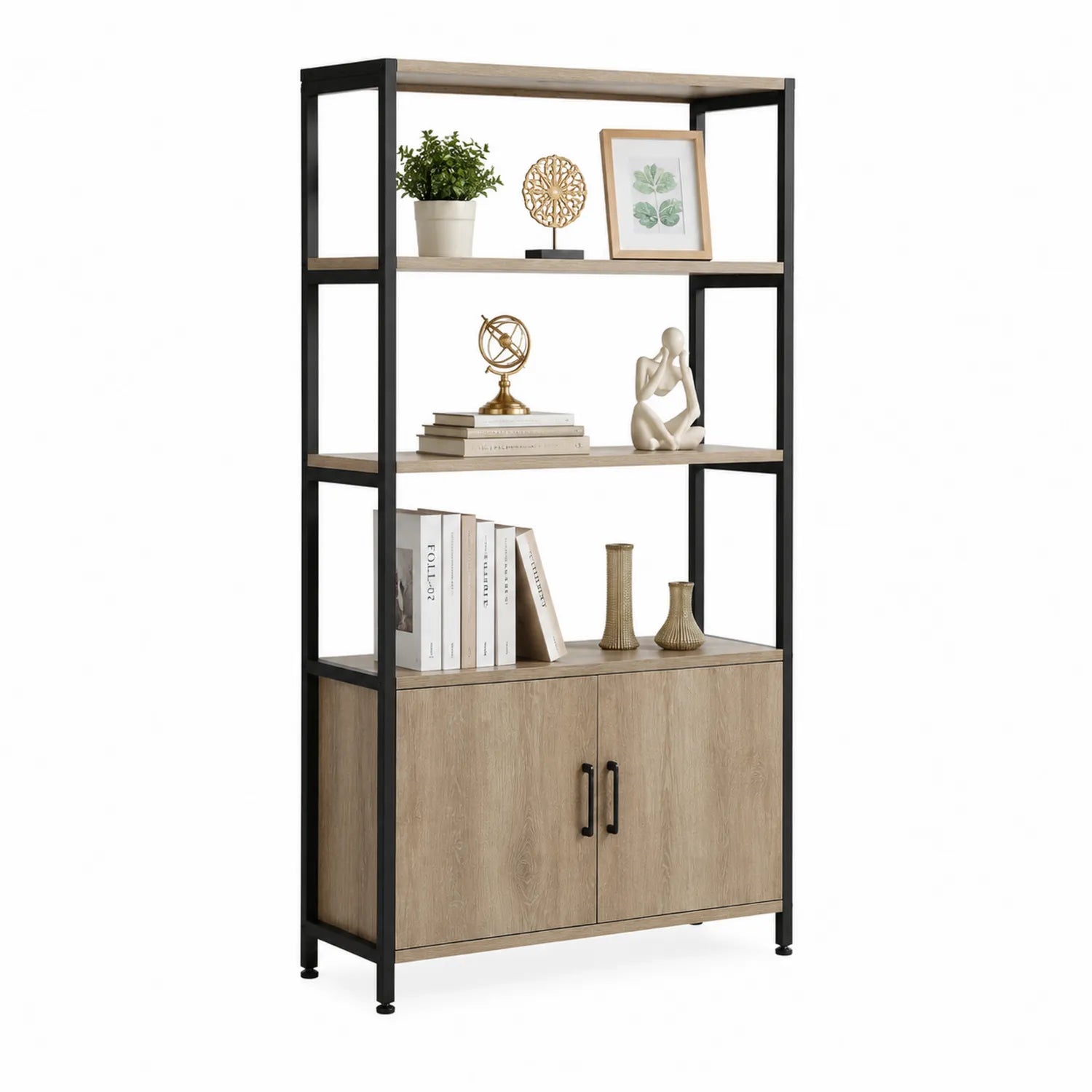 Libreria in legno e metallo marrone chiaro/nero con 4 ripiani