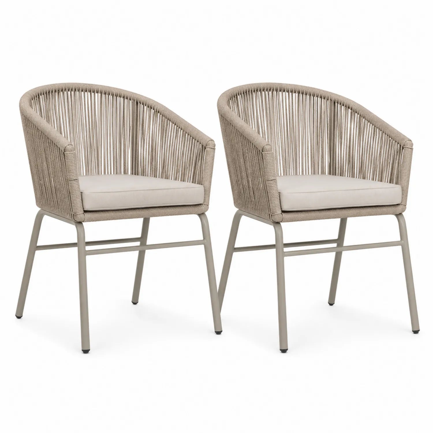 Set di 2 sedie da esterno in metallo e corda con cuscino in poliestere crema