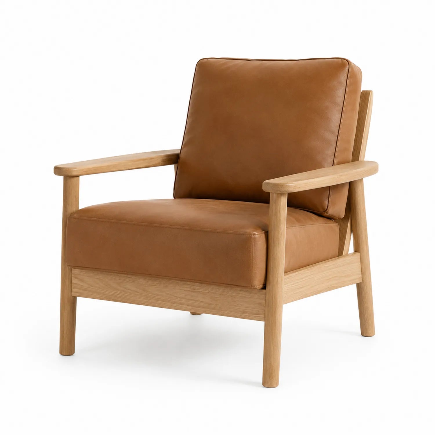 Poltrona in pelle sintetica marrone con struttura in rovere