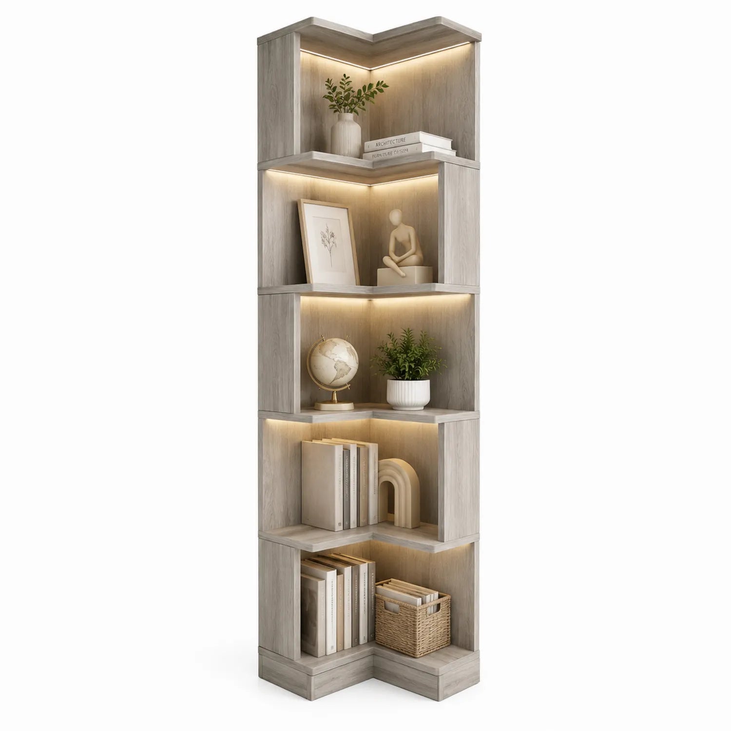 Libreria ad Angolo in Legno Grigio con Illuminazione LED