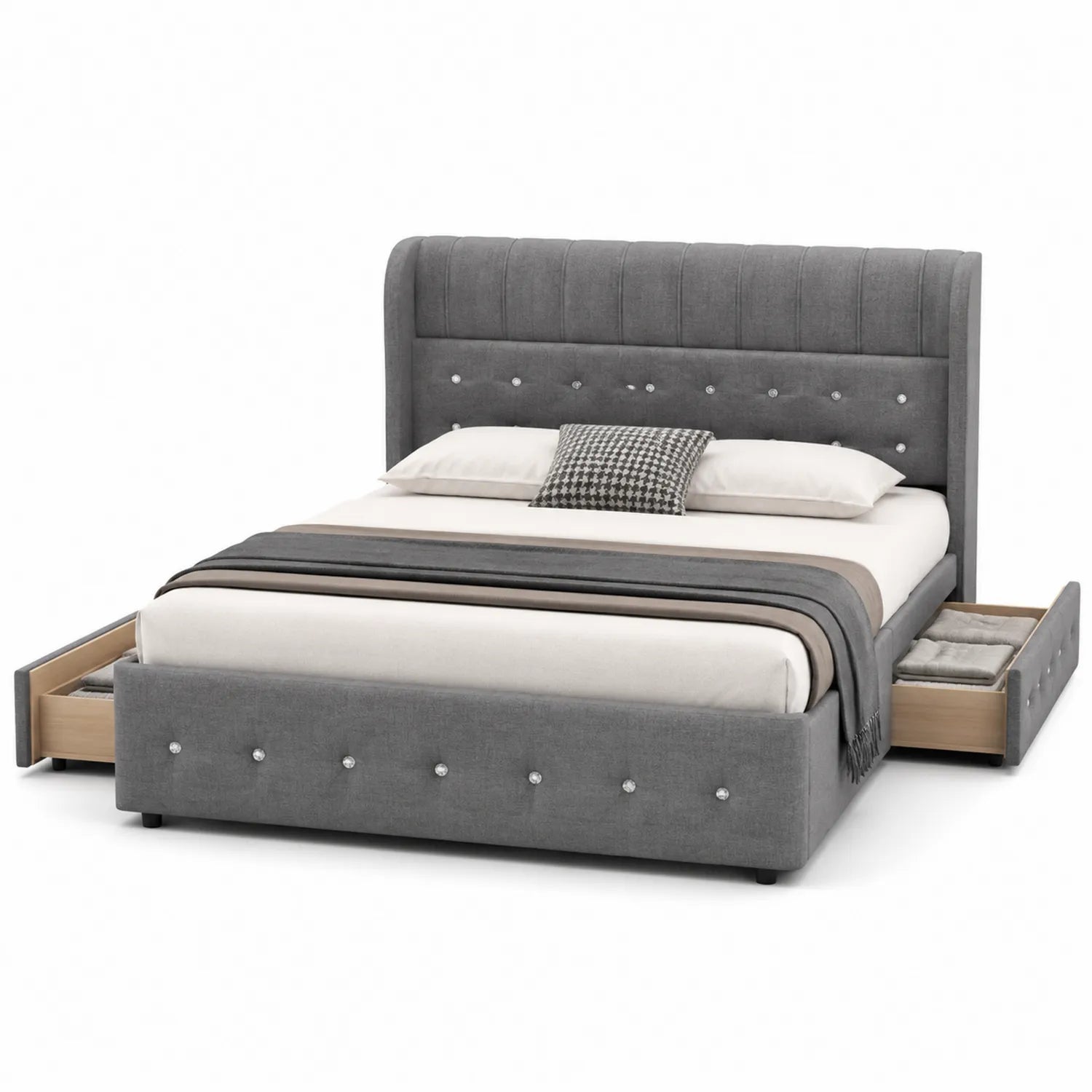 Letto matrimoniale in tessuto grigio con cassetti