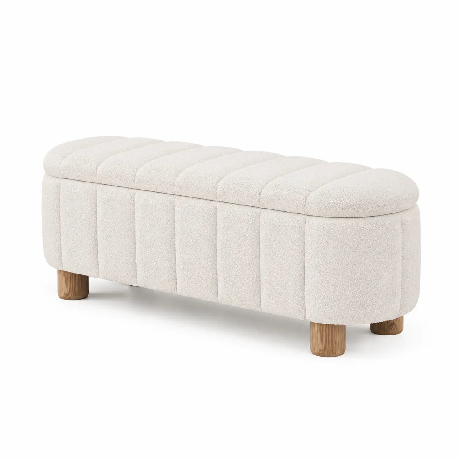 Panca imbottita in tessuto beige con gambe in legno