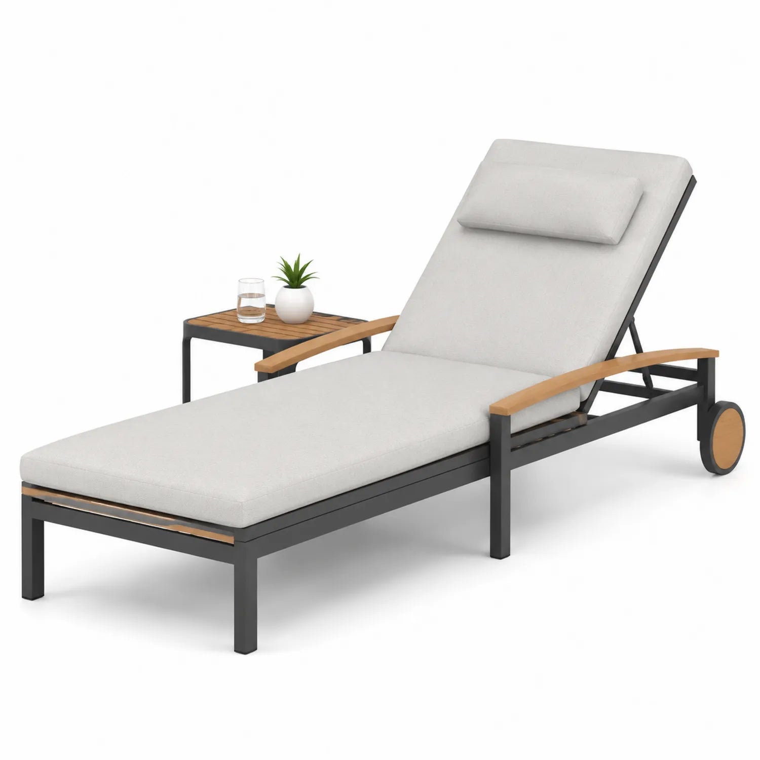 Chaise longue in metallo e legno con cuscini in poliestere grigi