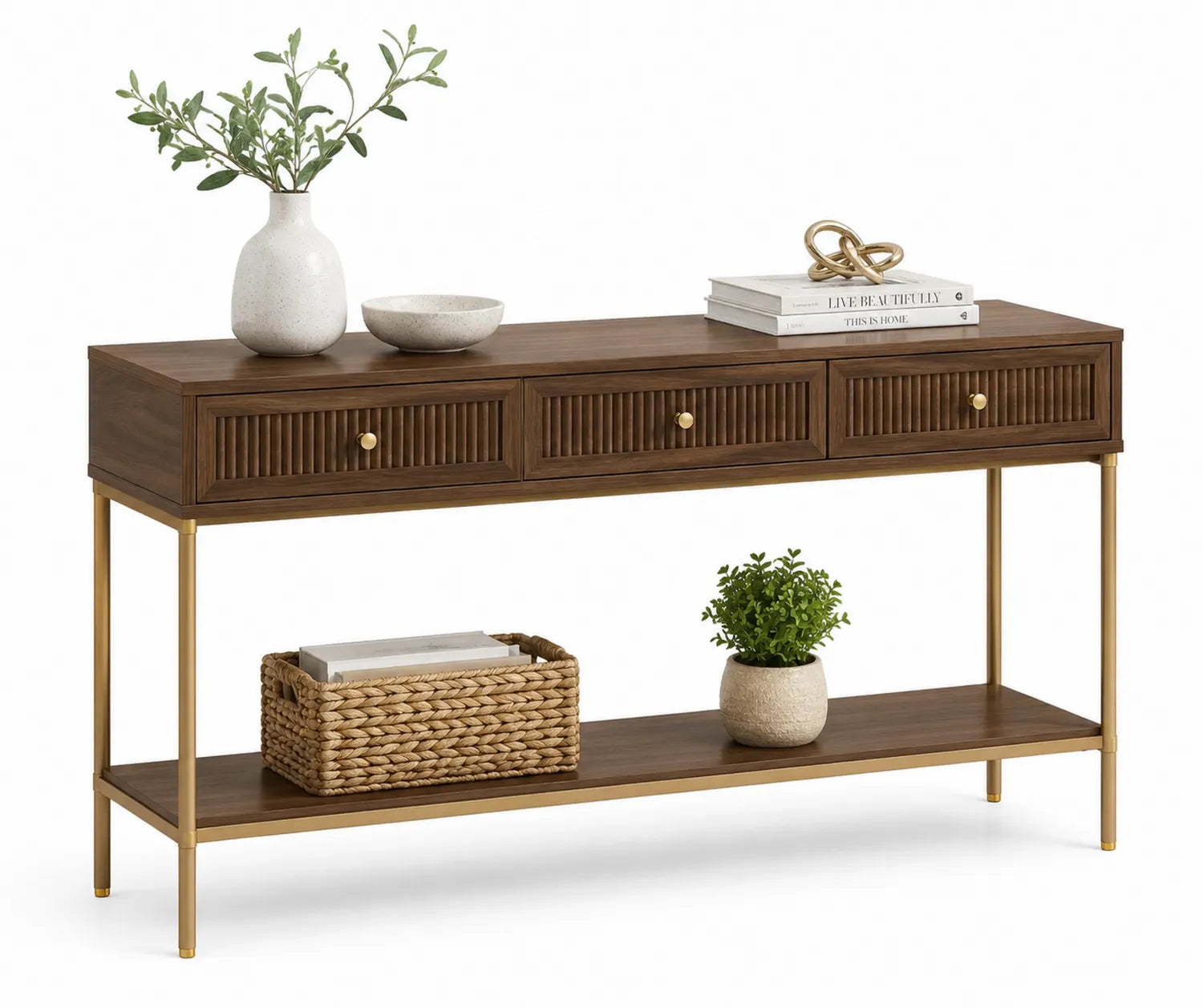 Consolle in Legno con Metallo Oro e Cassetti 120x30x80cm