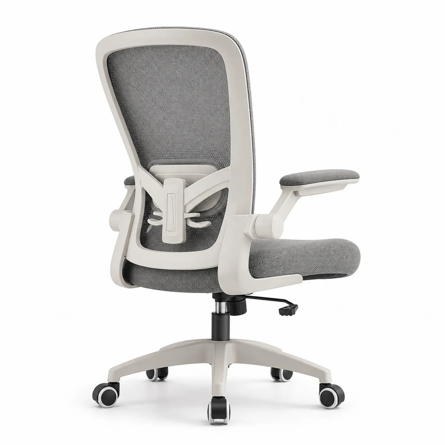 Sedia da ufficio ergonomica in plastica e tessuto grigio con braccioli regolabili