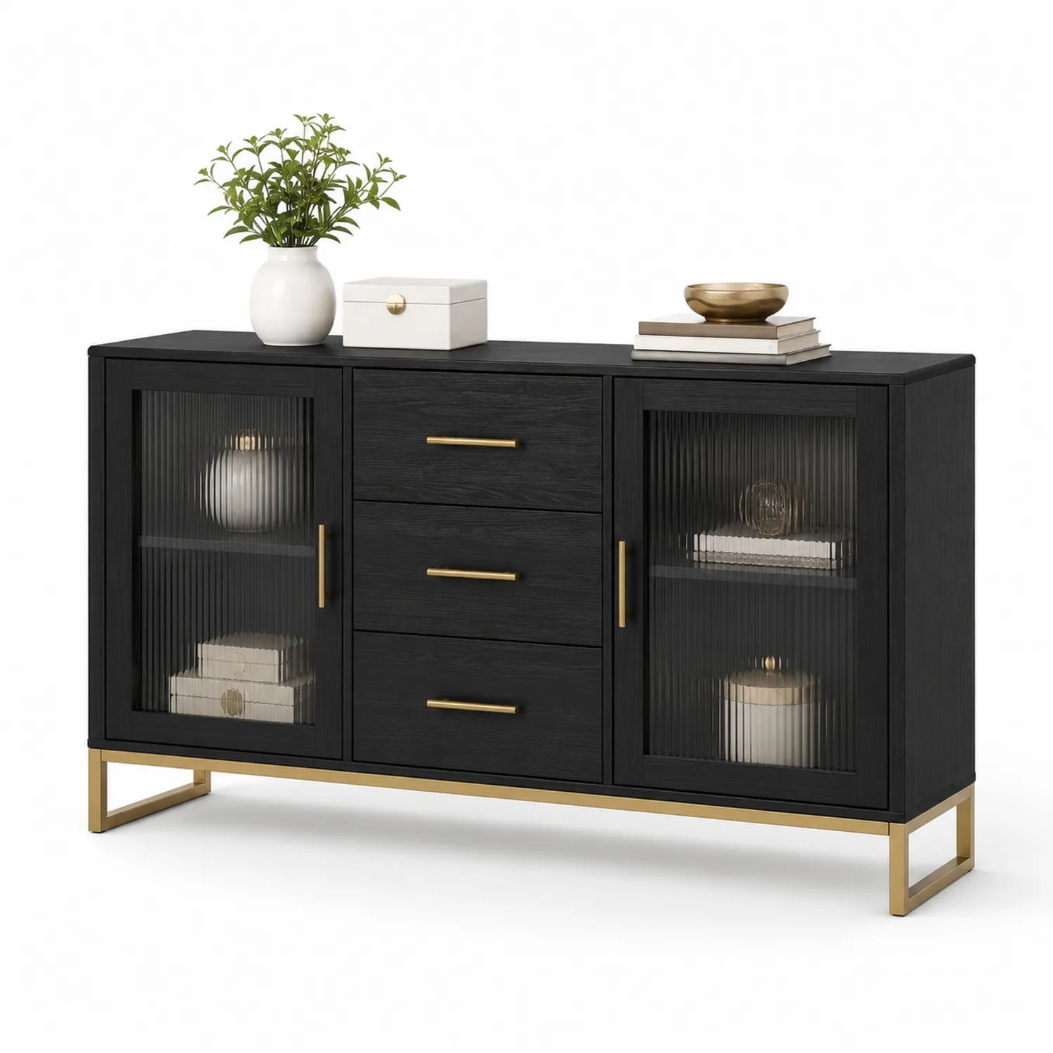 Credenza in Legno Massello Nero con Ante in Vetro e Maniglie in Metallo Oro