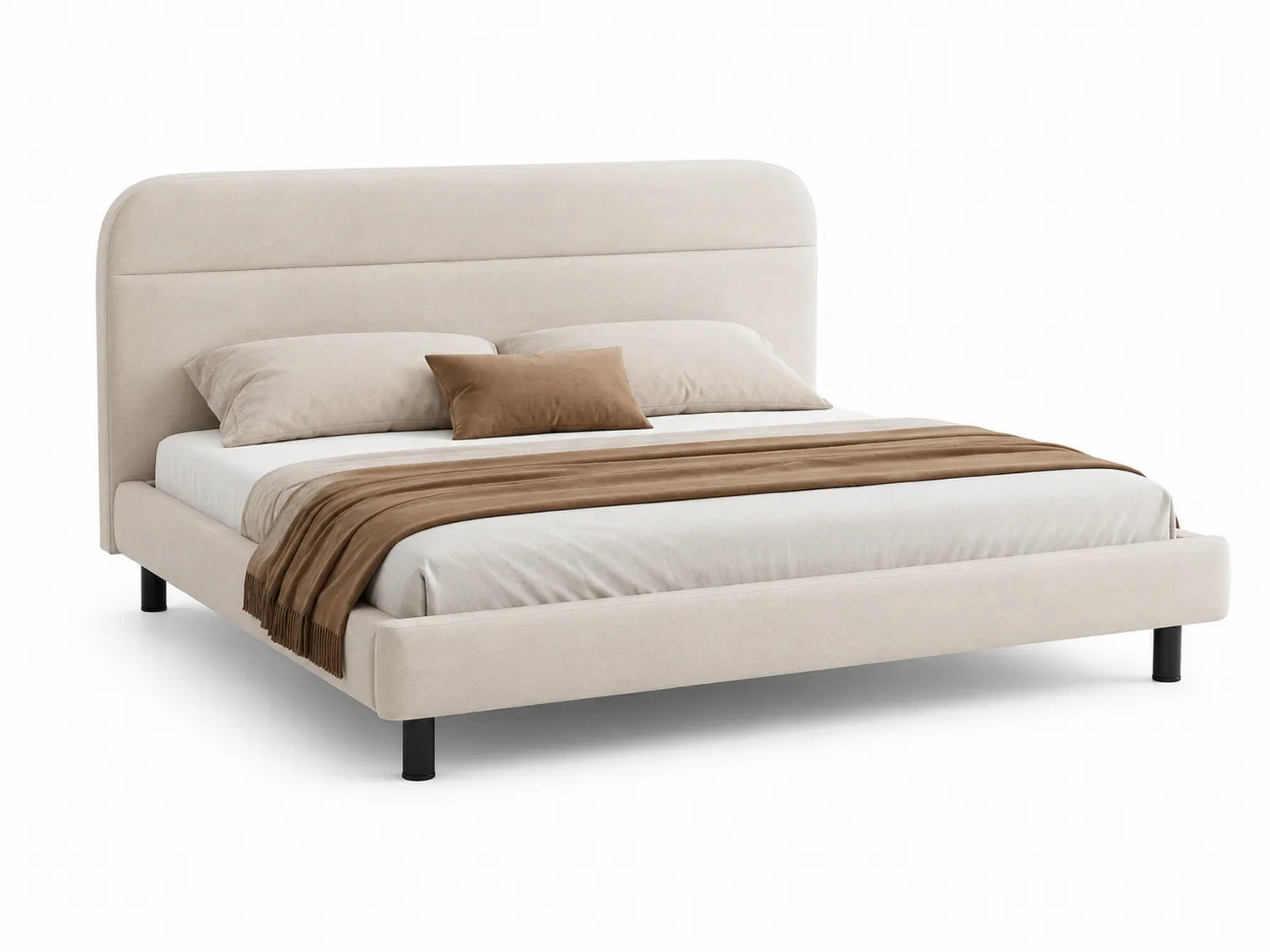 Letto matrimoniale beige con struttura in legno e gambe in metallo