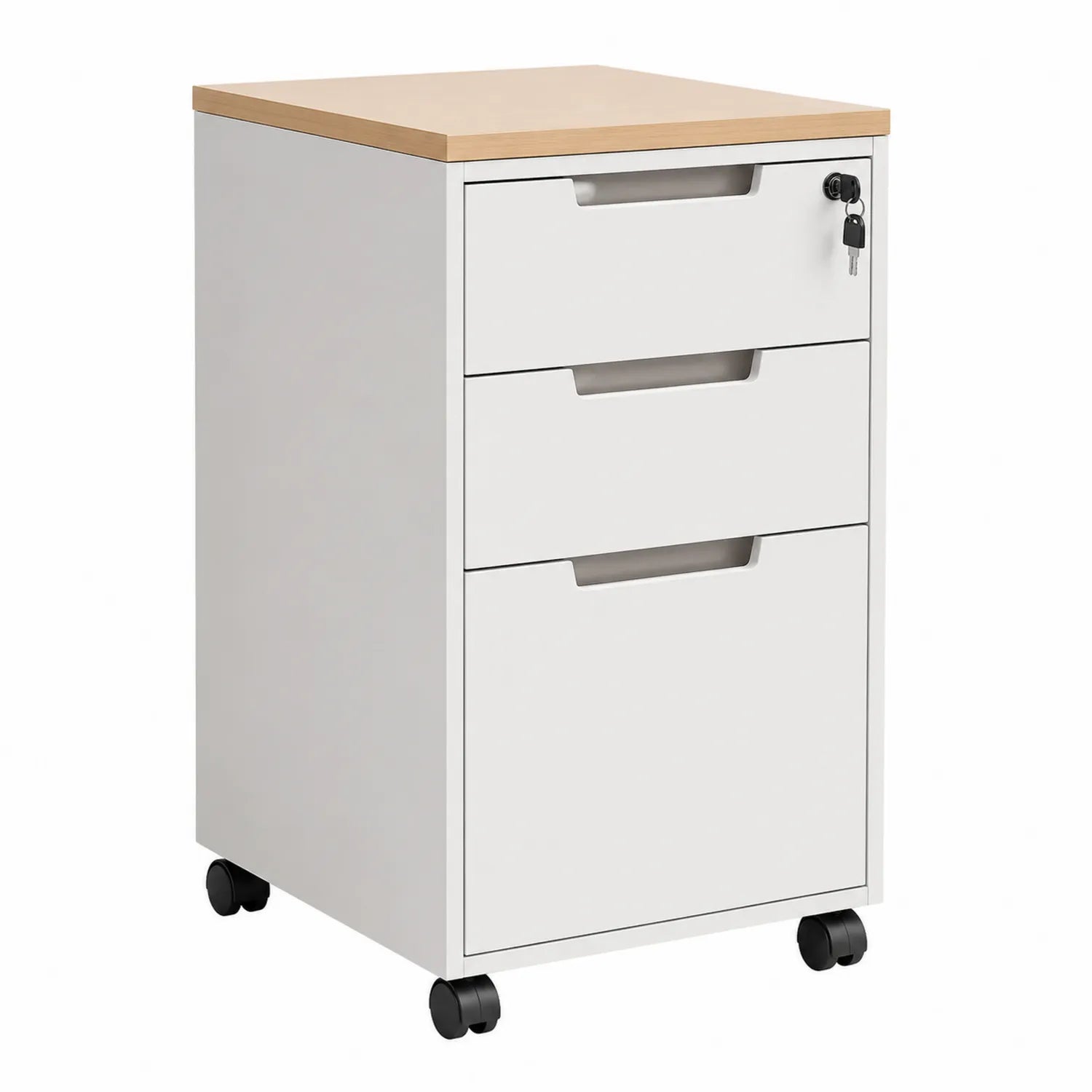 Cassettiera da ufficio con rotelle 3 cassetti in acciaio e legno Bianco