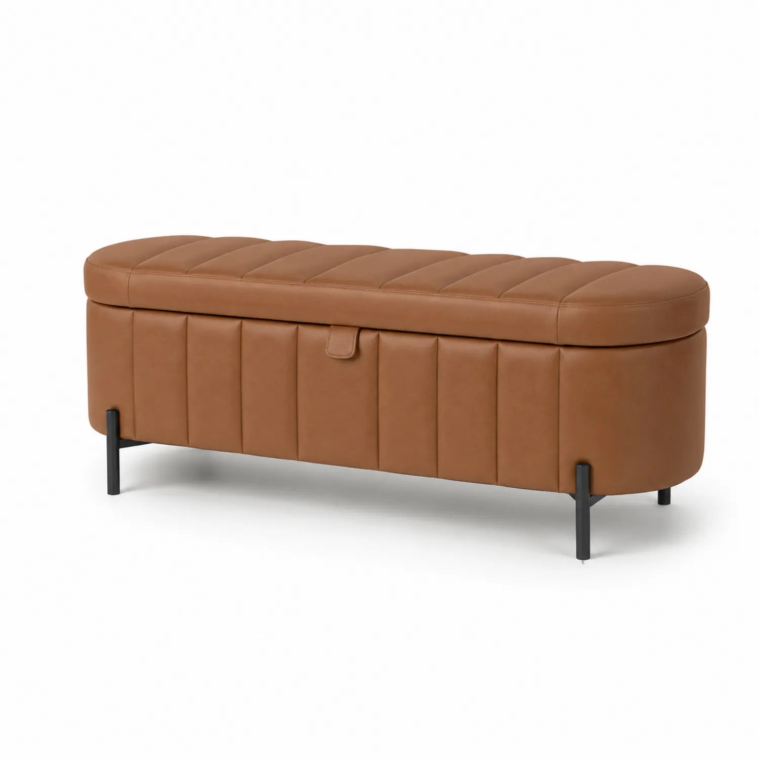 Panca contenitore in ecopelle marrone con gambe in metallo