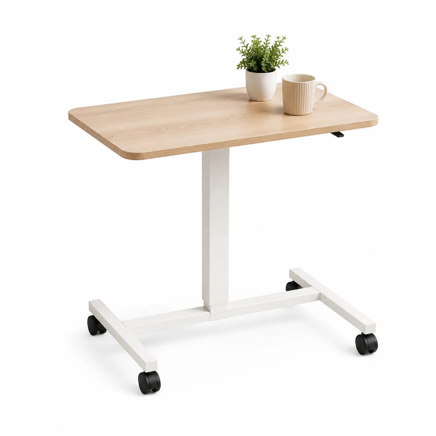 Scrivania regolabile in altezza con ruote legno chiaro e bianco