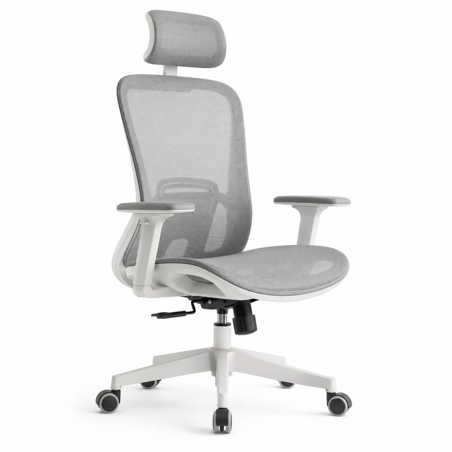 Sedia ergonomica in rete grigia con poggiatesta regolabile