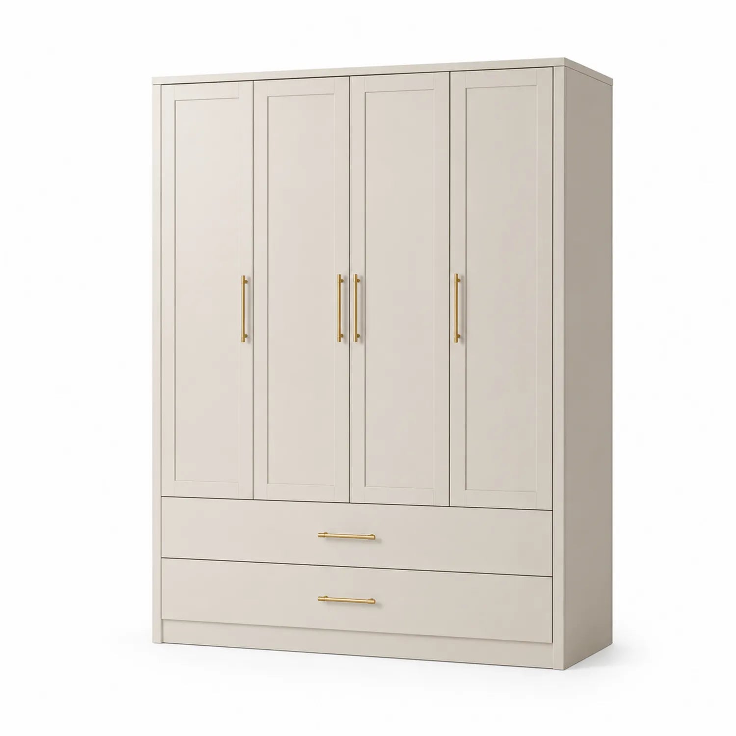 Armadio guardaroba a 4 ante con cassetti in legno MDF e maniglie in metallo dorato