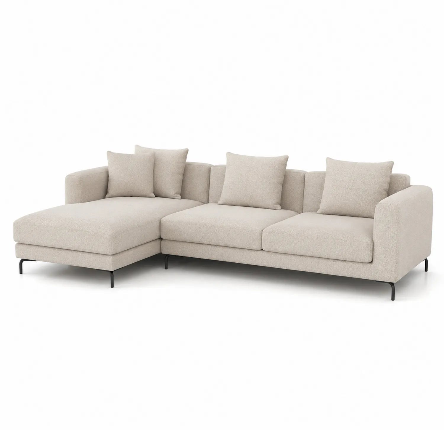 Divano angolare in tessuto beige con struttura in metallo
