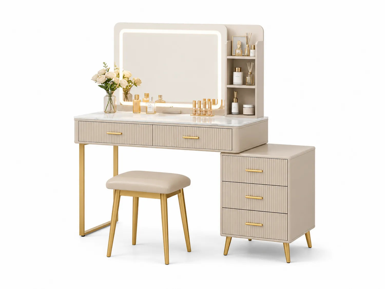 Toletta con Sgabello in MDF e Metallo Beige con Specchio LED e Scaffali
