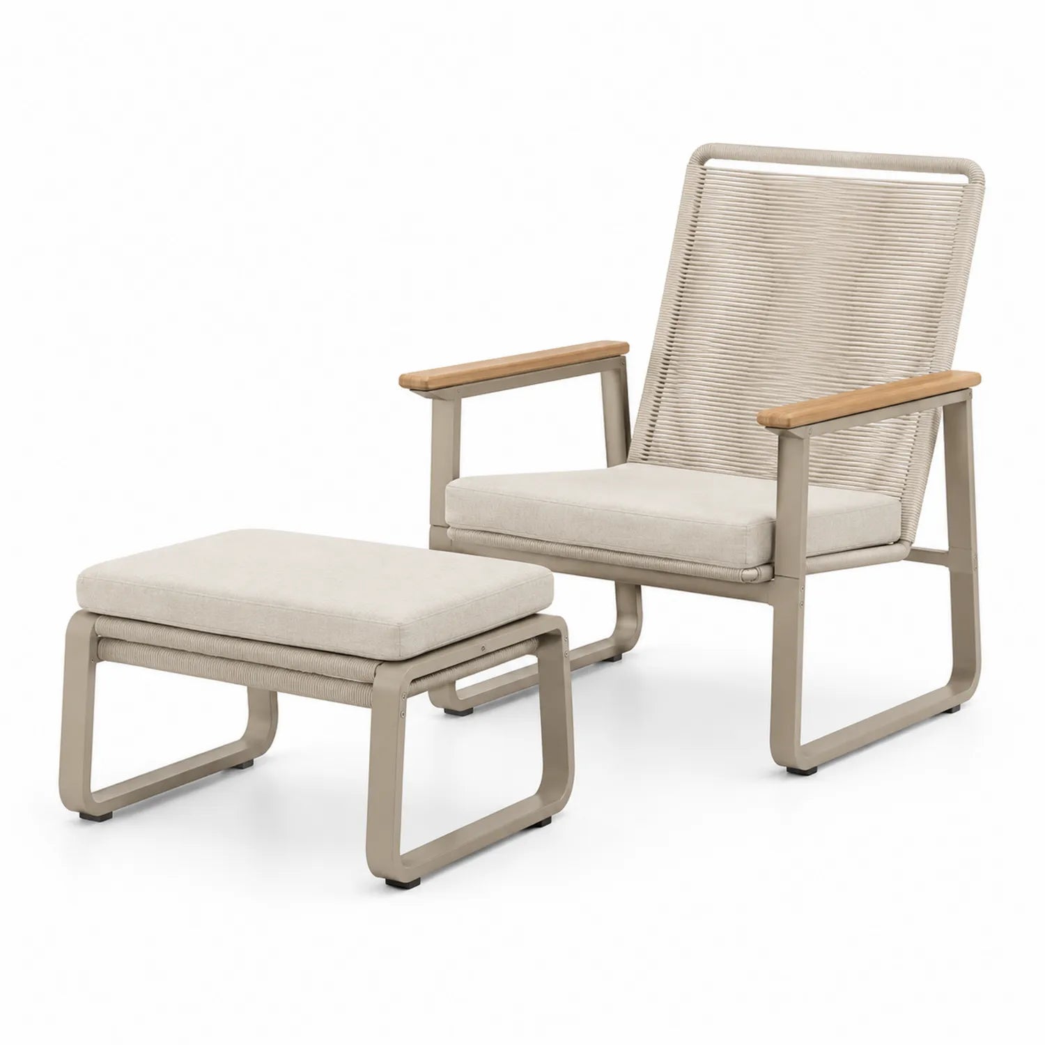 Set Poltrona e Poggiapiedi da Esterno in Alluminio e Rattan Sintetico Beige