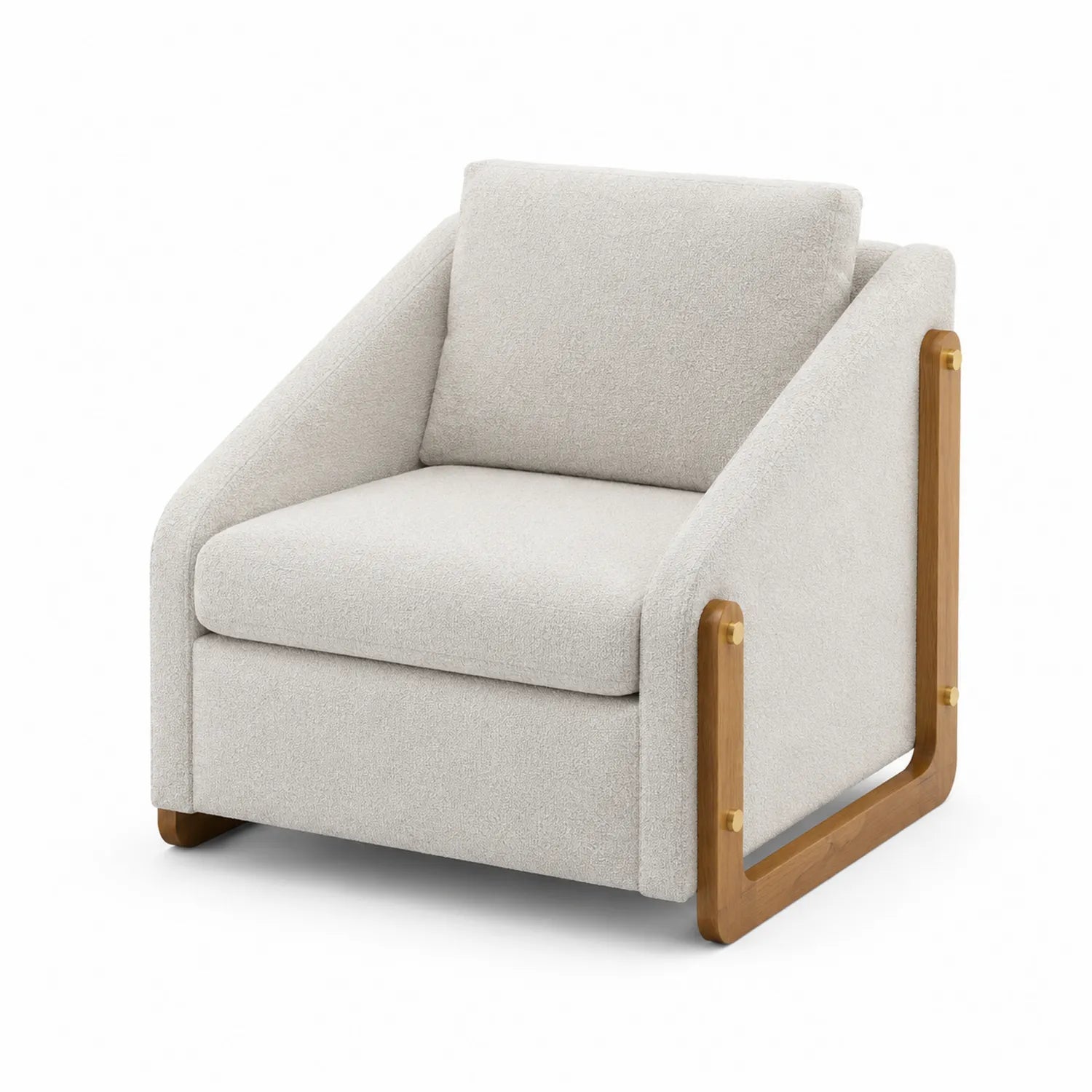 Poltrona in Tessuto Bouclé Beige con Struttura in Legno