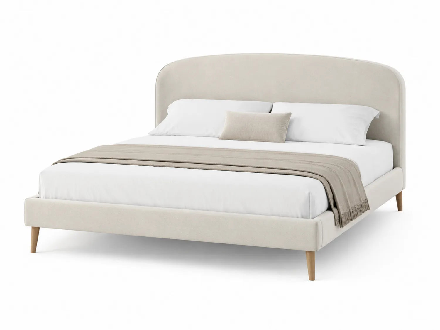Letto matrimoniale in tessuto beige con gambe in legno