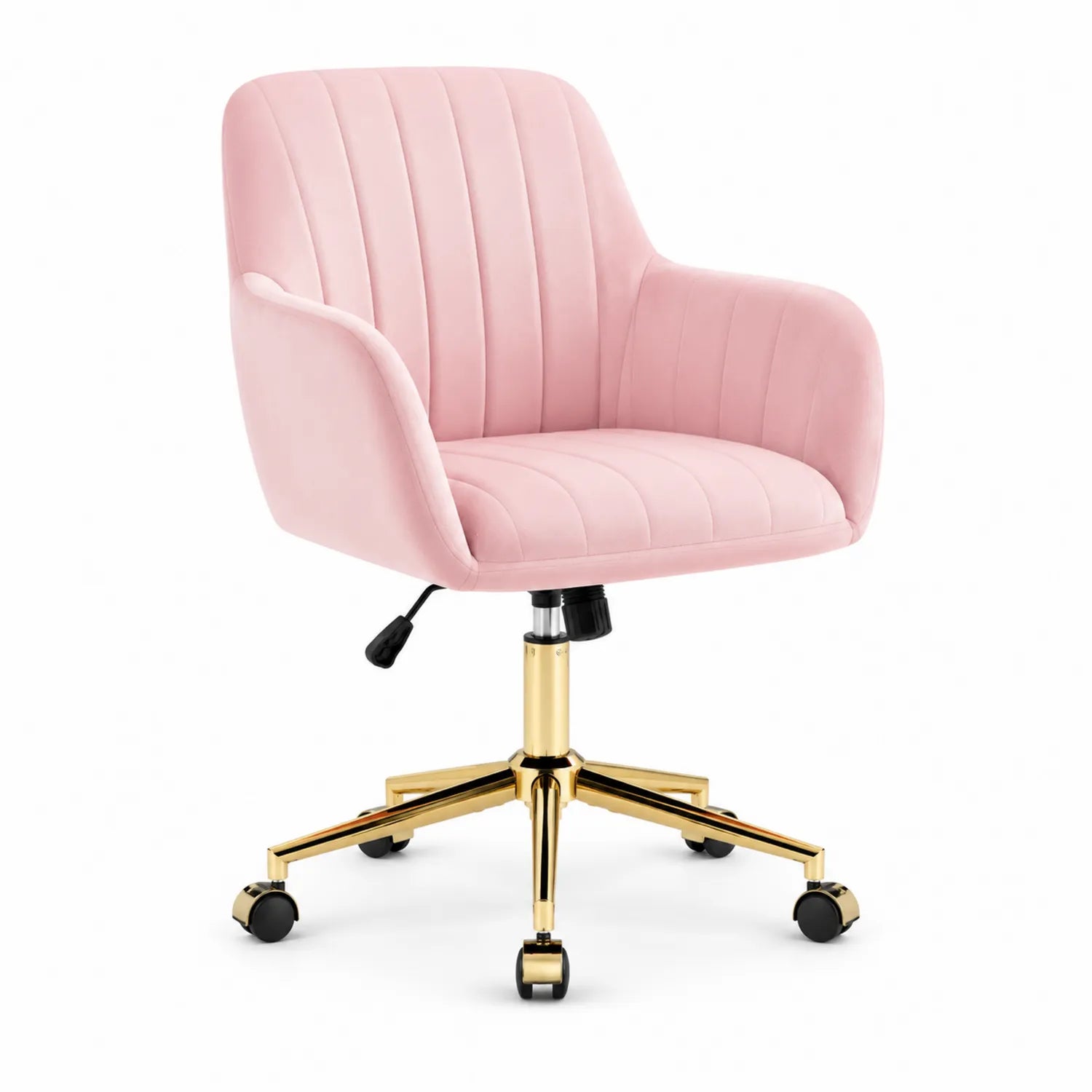 Sedia da ufficio in velluto rosa con struttura in metallo dorato