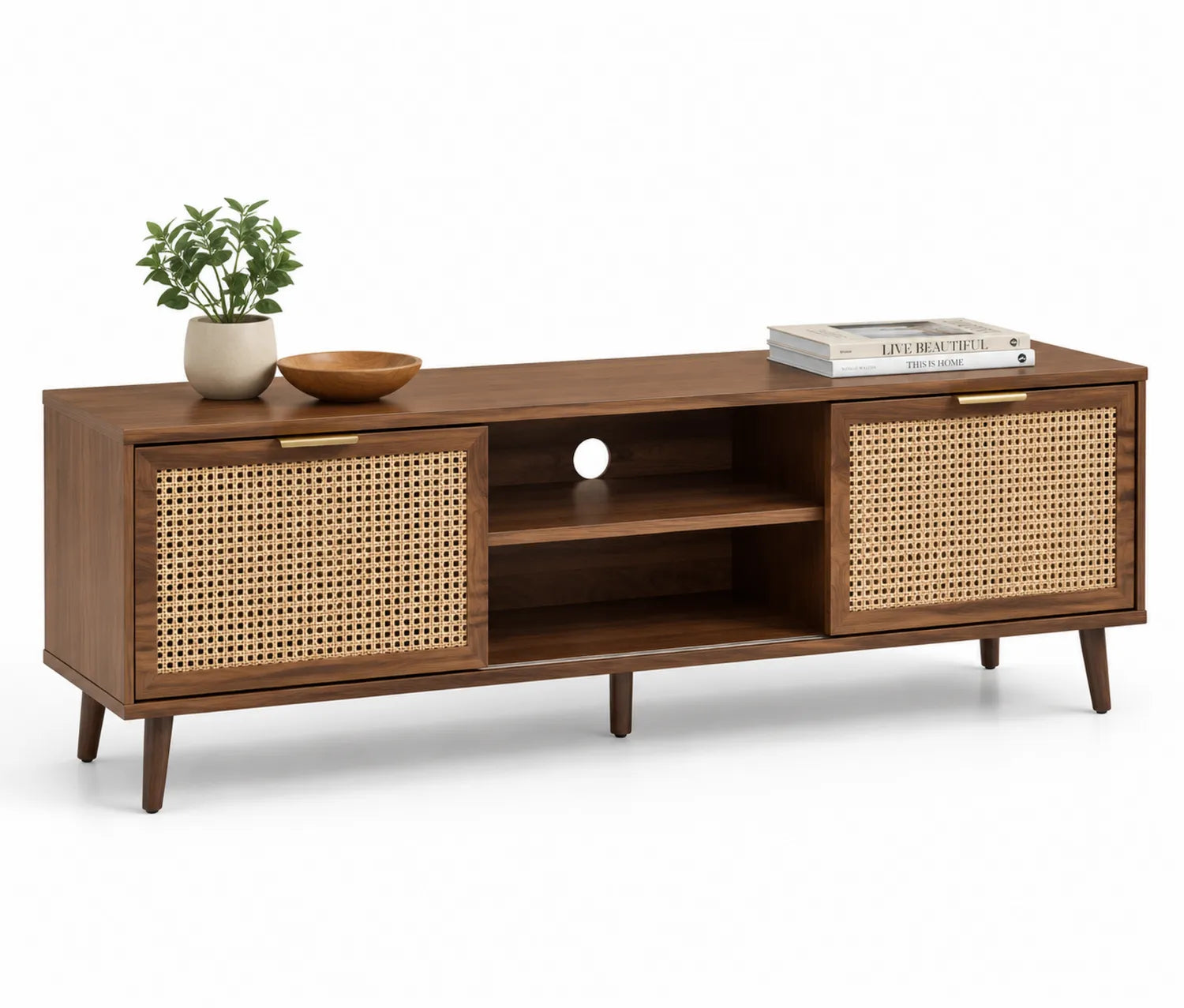 Mobile TV in legno e rattan con ante scorrevoli marrone 180x40x50 cm