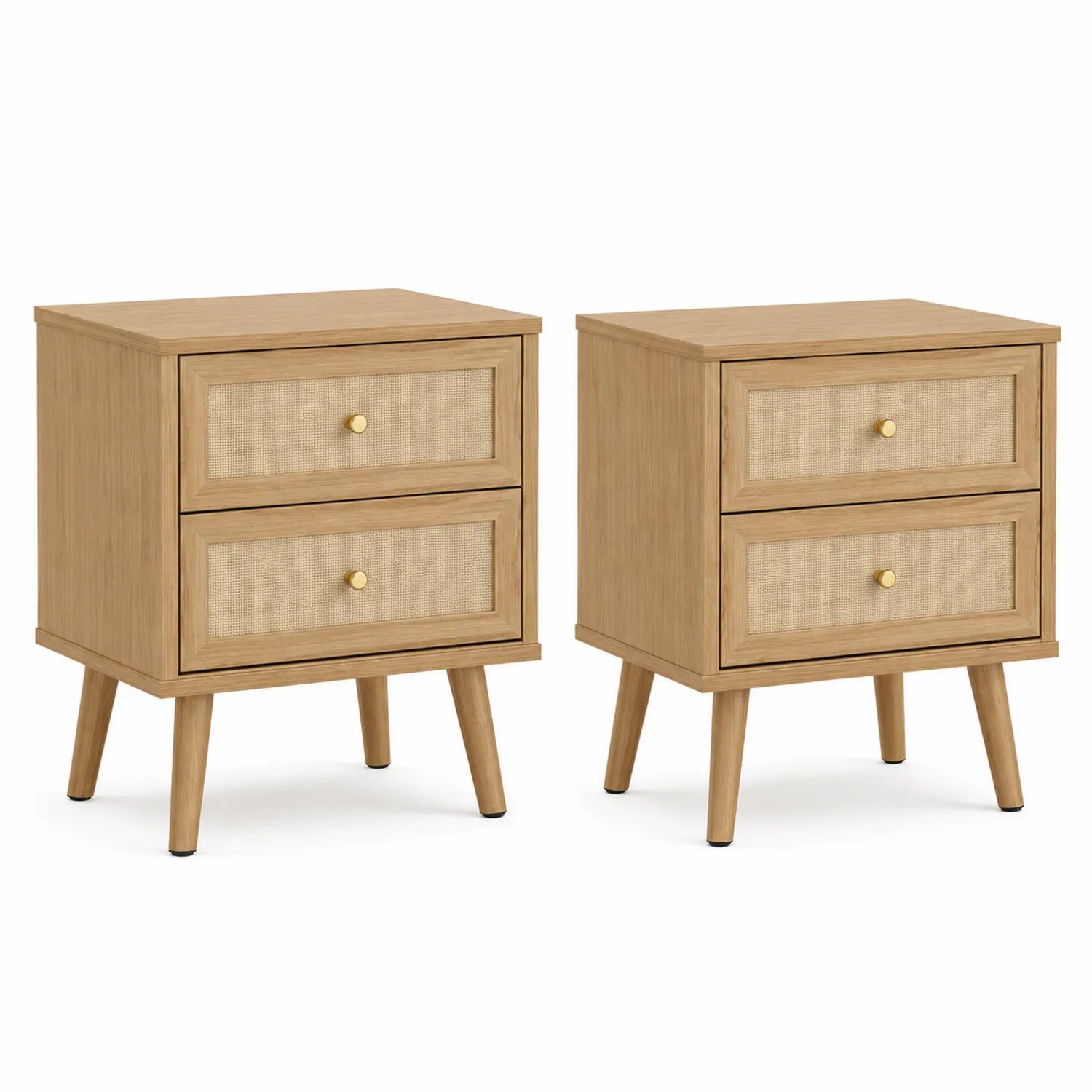 Set di 2 Comodini in Legno e Rattan Naturale 40x30x50cm