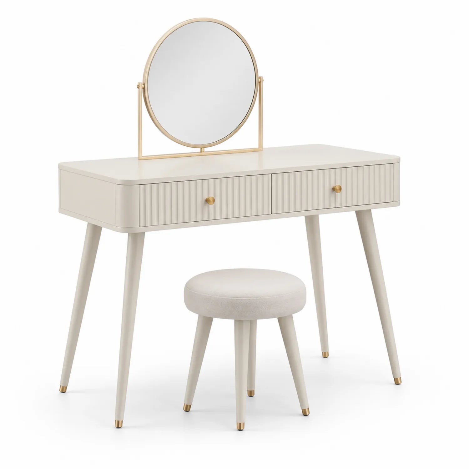 Tavolo da Toeletta con Specchio e Sgabello in Legno, Bianco Avorio