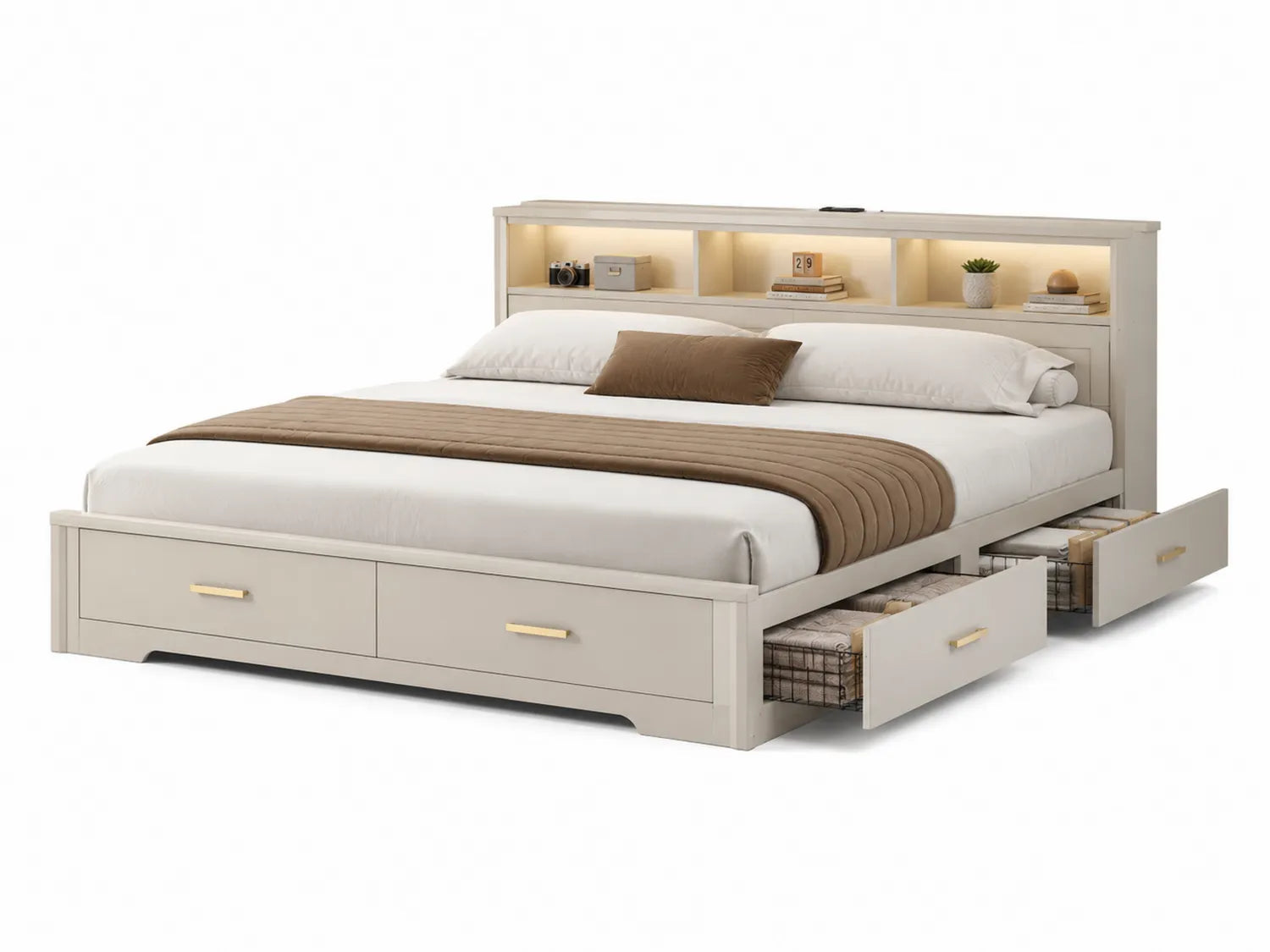 Letto matrimoniale in legno con contenitore e testiera beige 160x200 cm