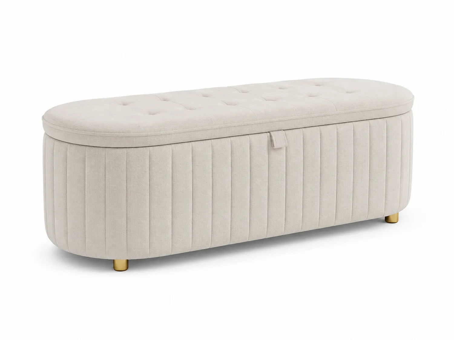 Panca contenitore in tessuto beige con gambe in metallo