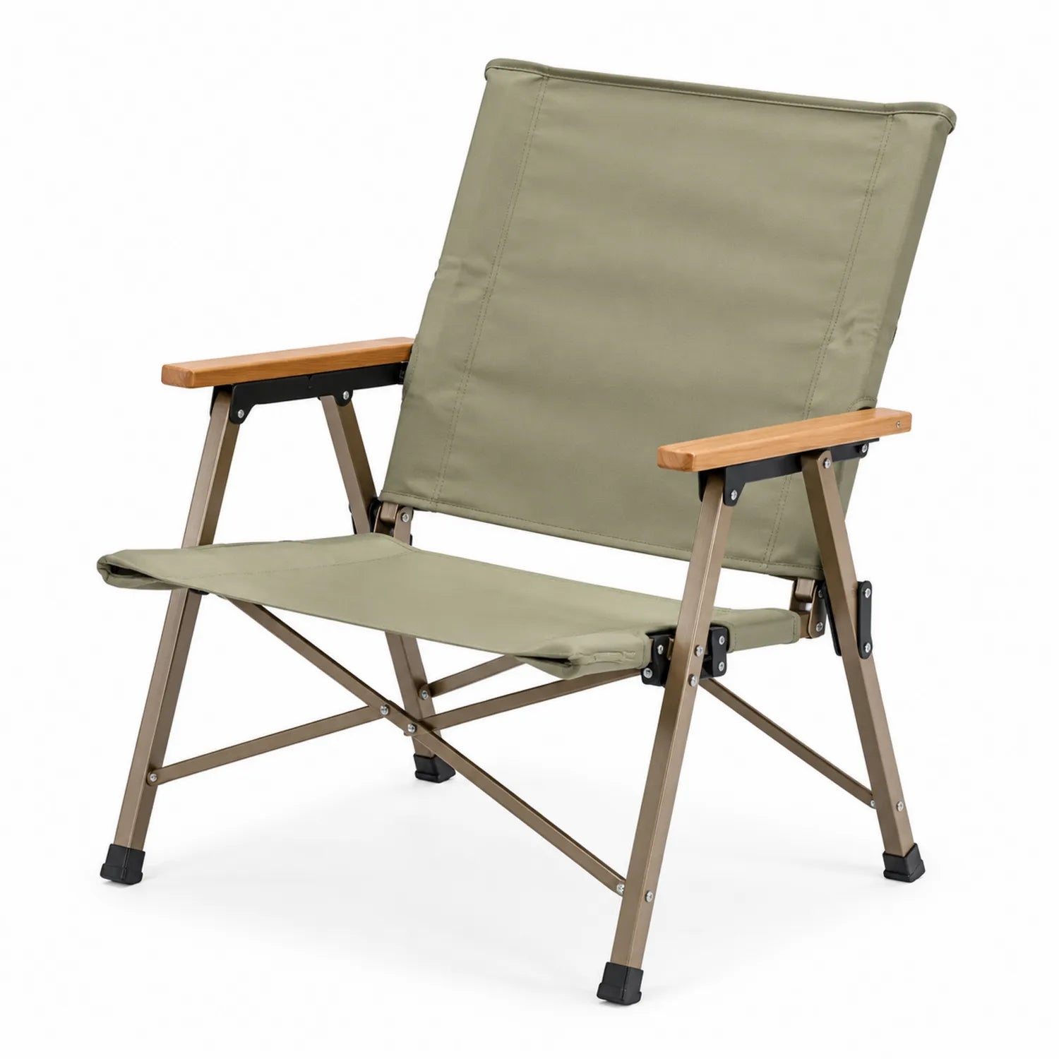 Sedia pieghevole da esterno in alluminio e tessuto verde oliva con braccioli in legno