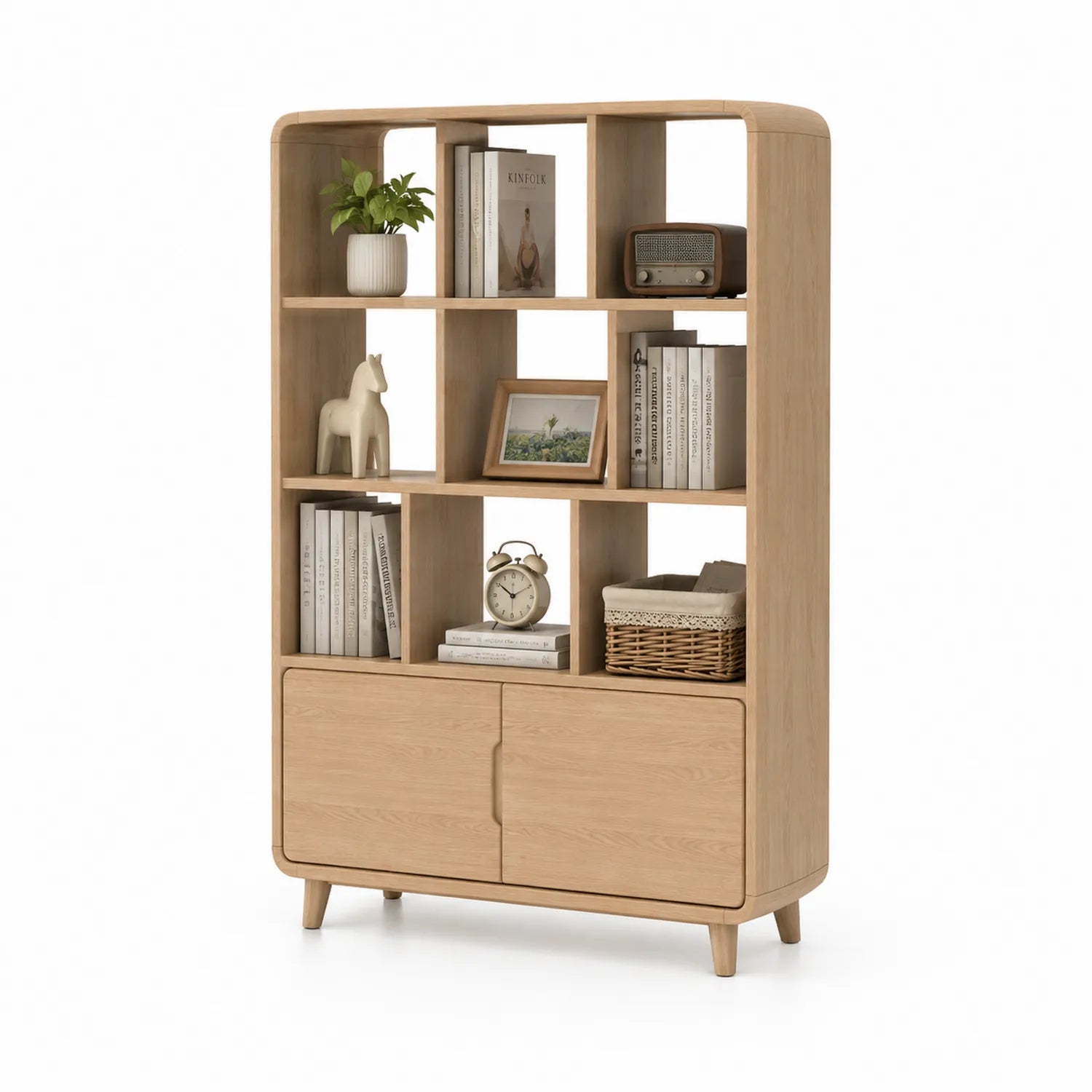 Scaffale Libreria in Legno Chiaro con Ripiani e Ante 180x90x30 cm