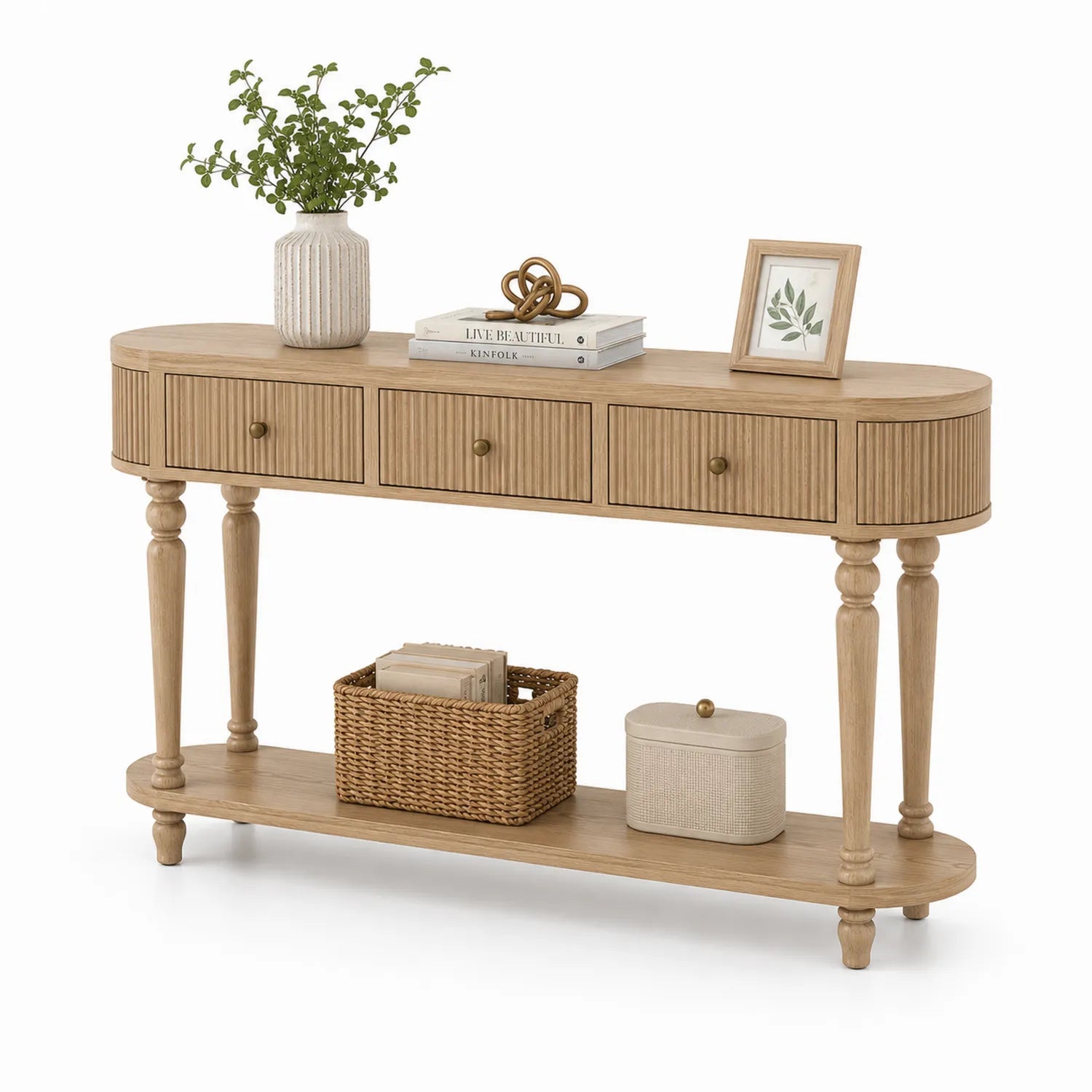 Consolle in Legno di Quercia con Cassetti e Ripiano Ovale