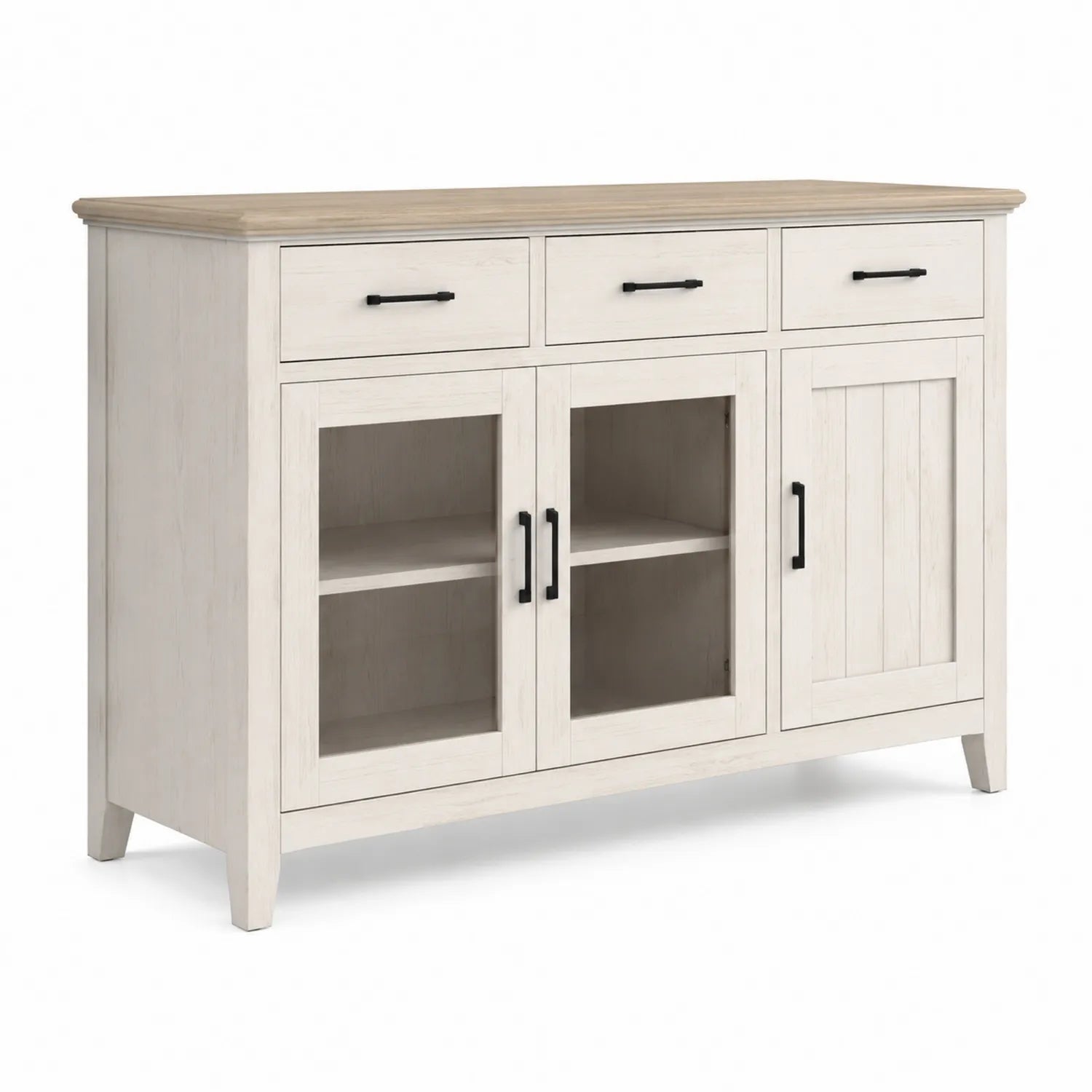 Credenza in Legno con Ripiani in Vetro Bianco 3 Cassetti e 3 Ante