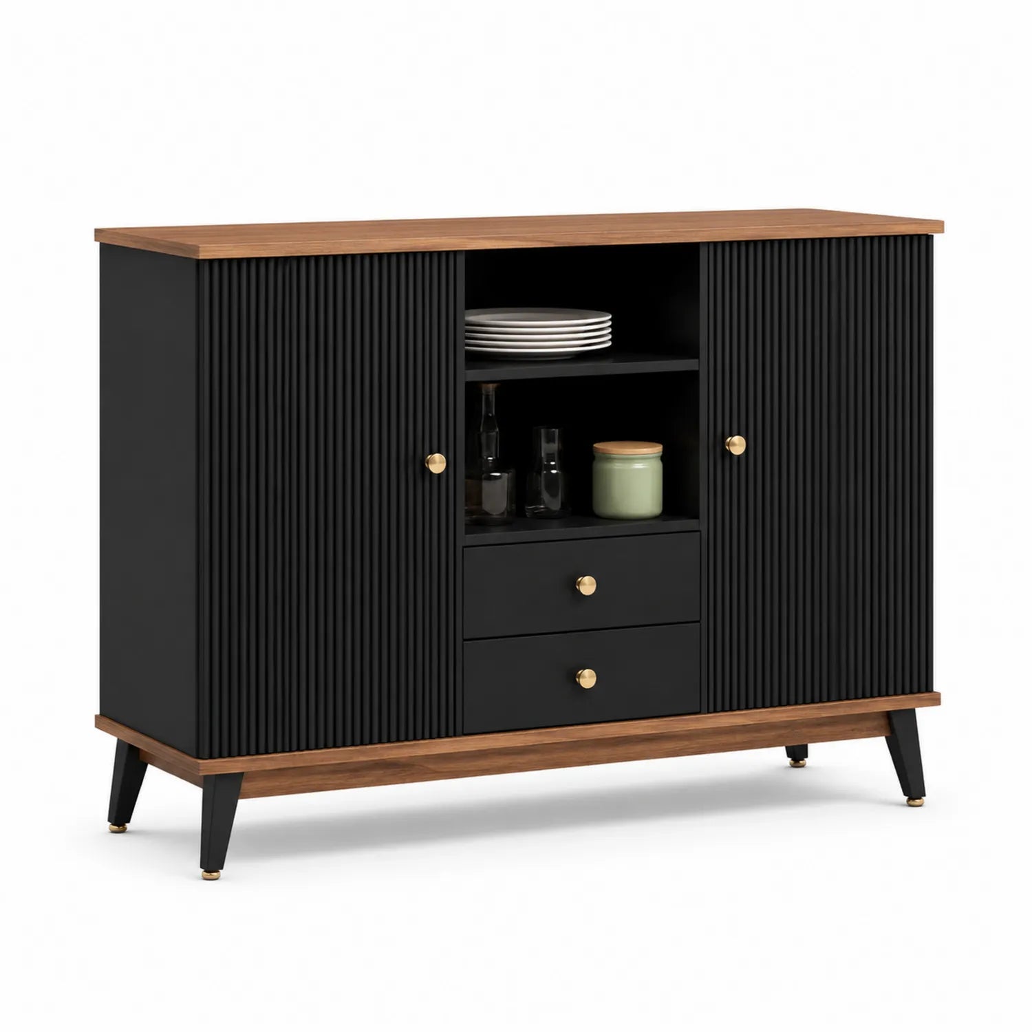 Credenza Nera con Ante e Cassetti in MDF e Legno Massello