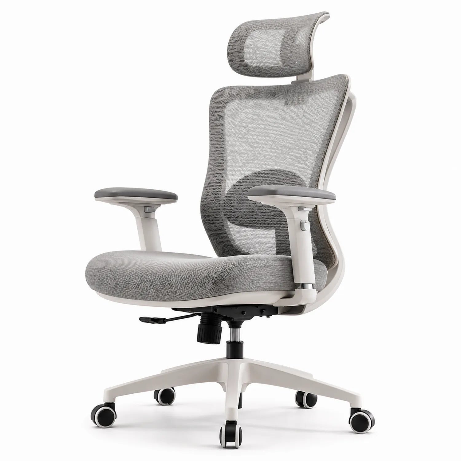Sedia da ufficio ergonomica grigia in rete con poggiatesta e braccioli regolabili