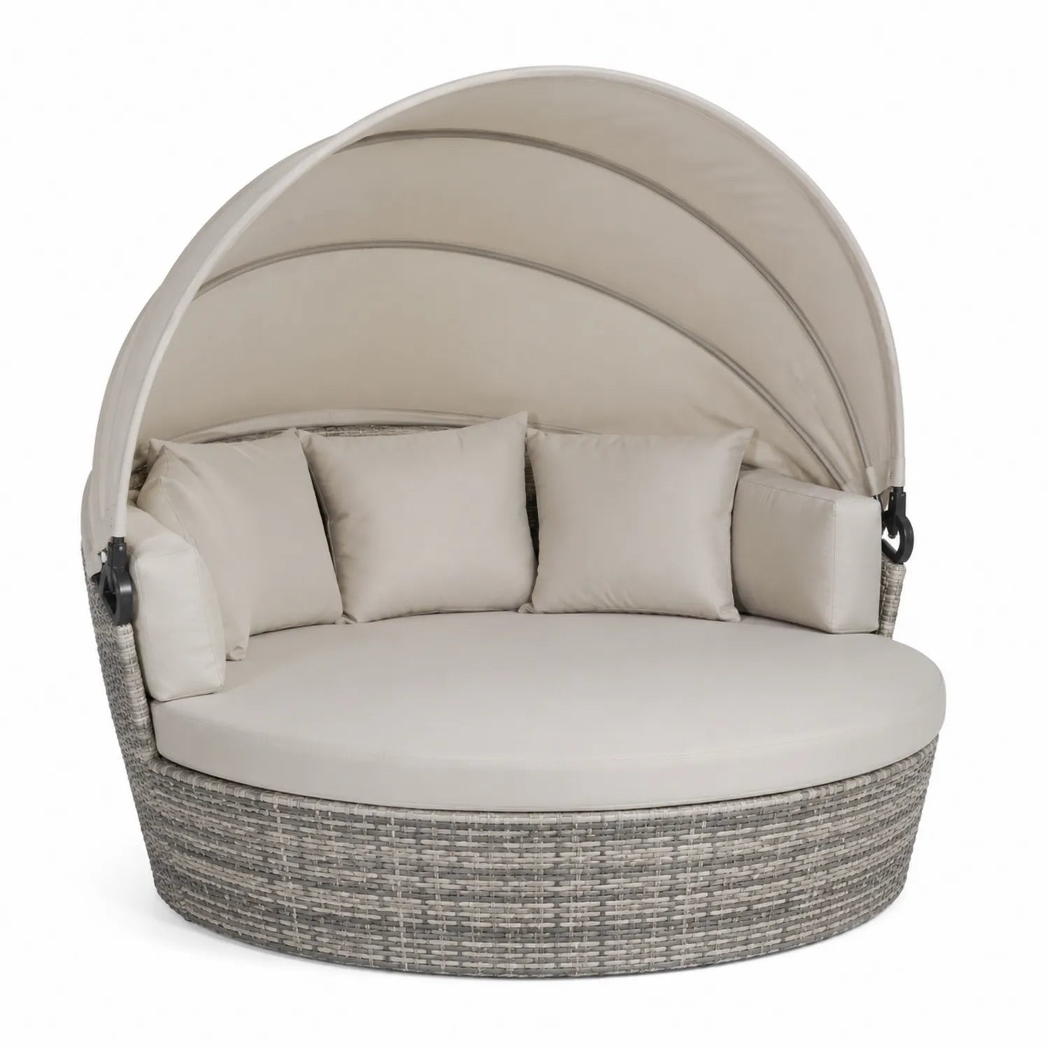 Divano da esterno rotondo in rattan con tettuccio e cuscini, Beige, Ø 180 cm