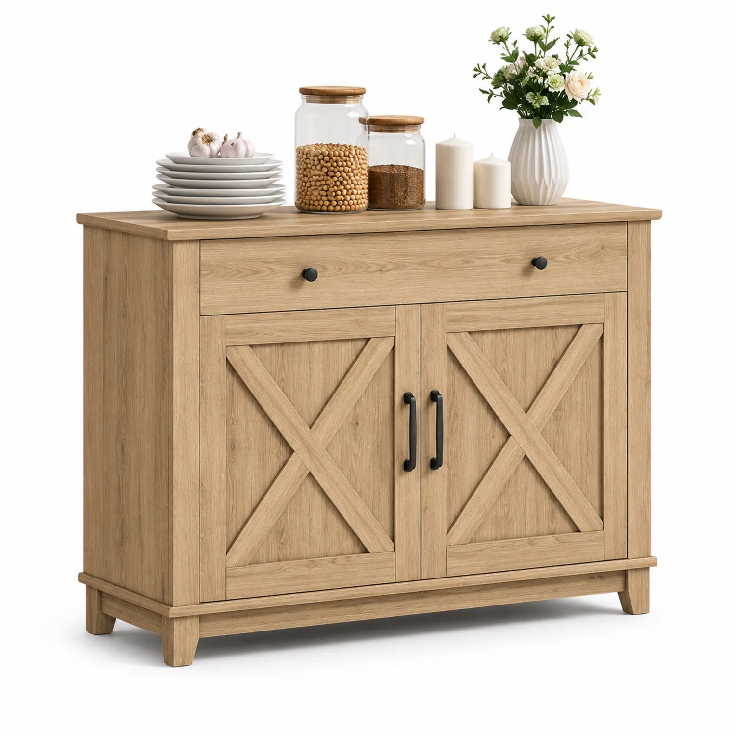 Credenza in legno rovere chiaro con ante e cassetto