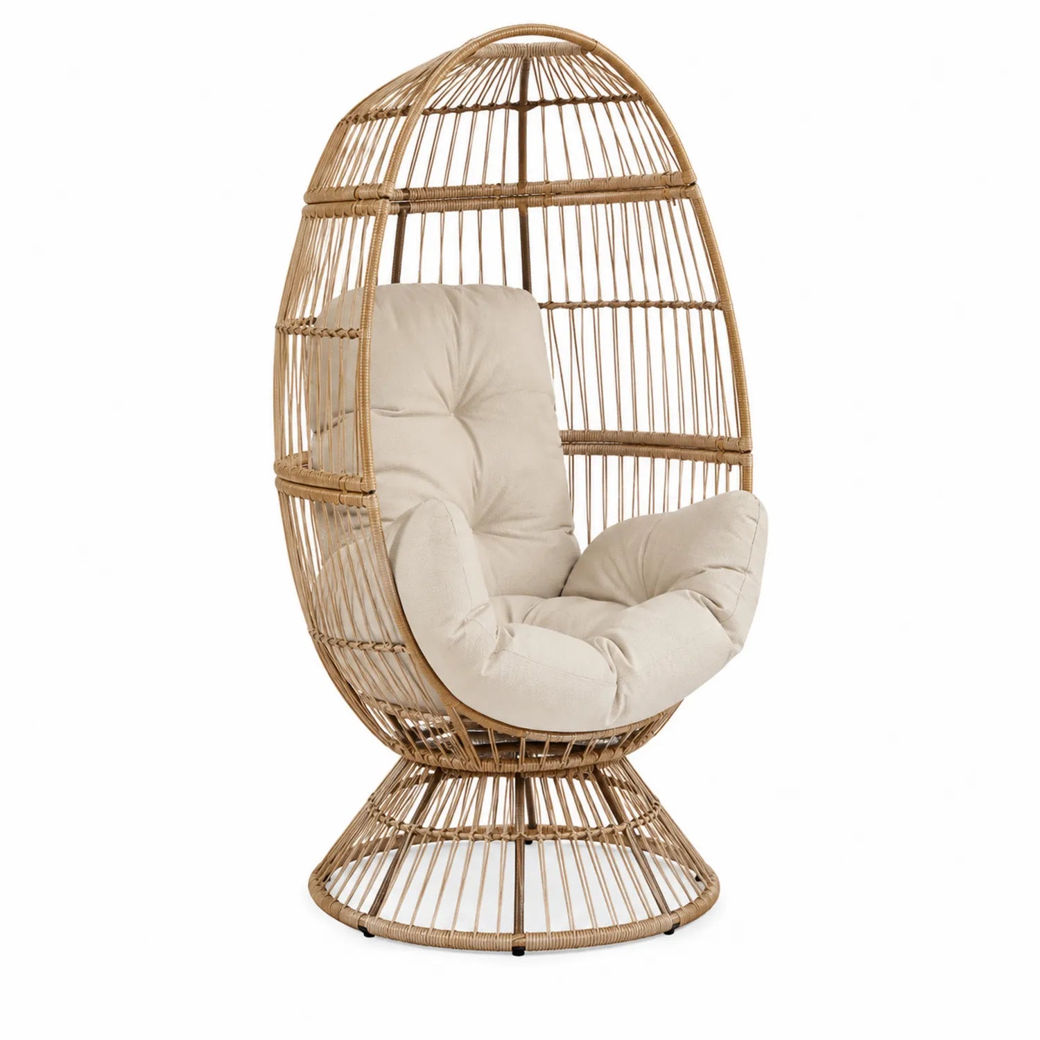 Sedia a Uovo in Rattan Sintetico con Cuscino Beige