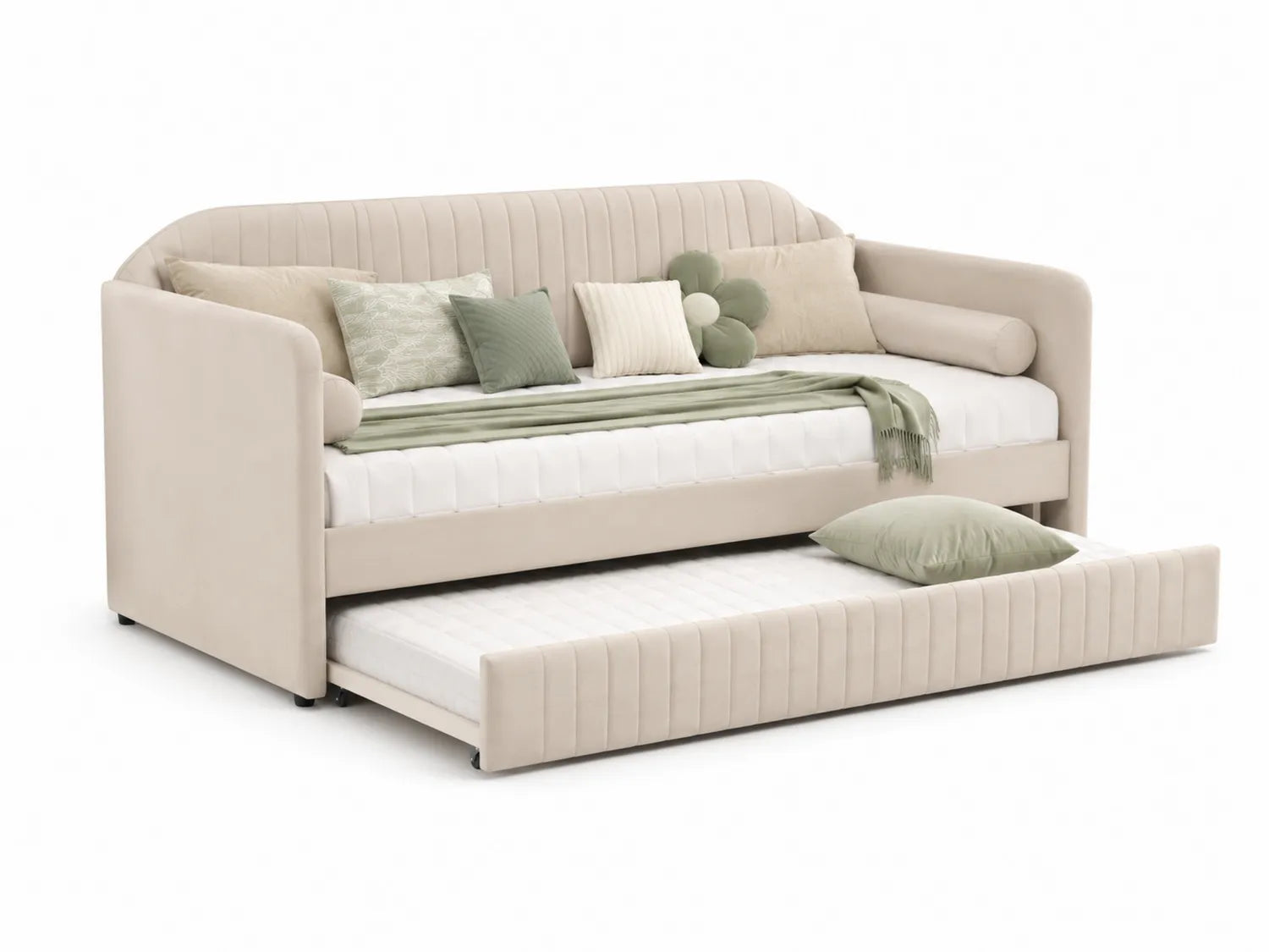 Divano Letto con Struttura in Legno e Rivestimento in Tessuto Beige