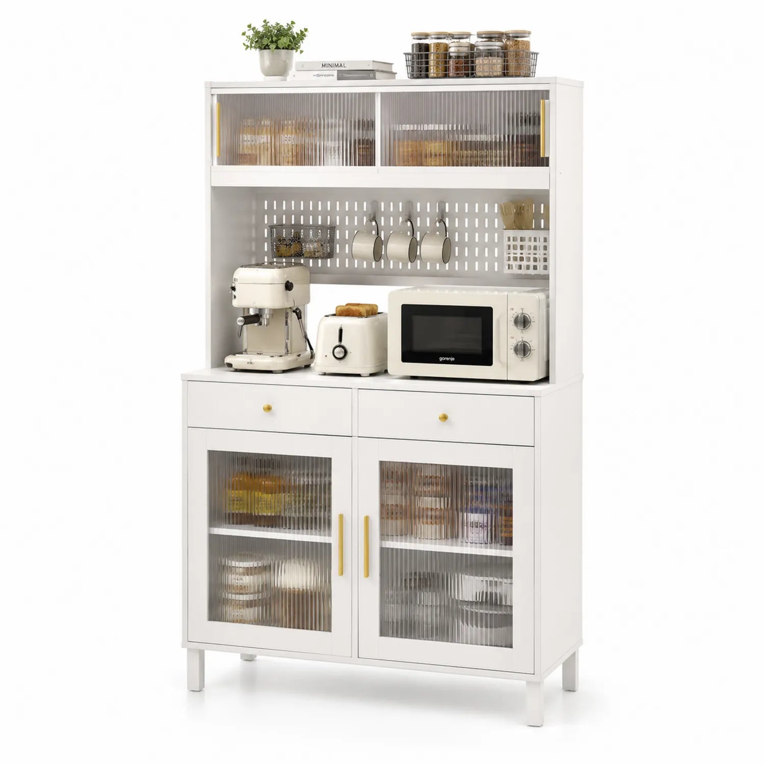 Credenza da Cucina con Vetrine in Vetro Striato Bianco
