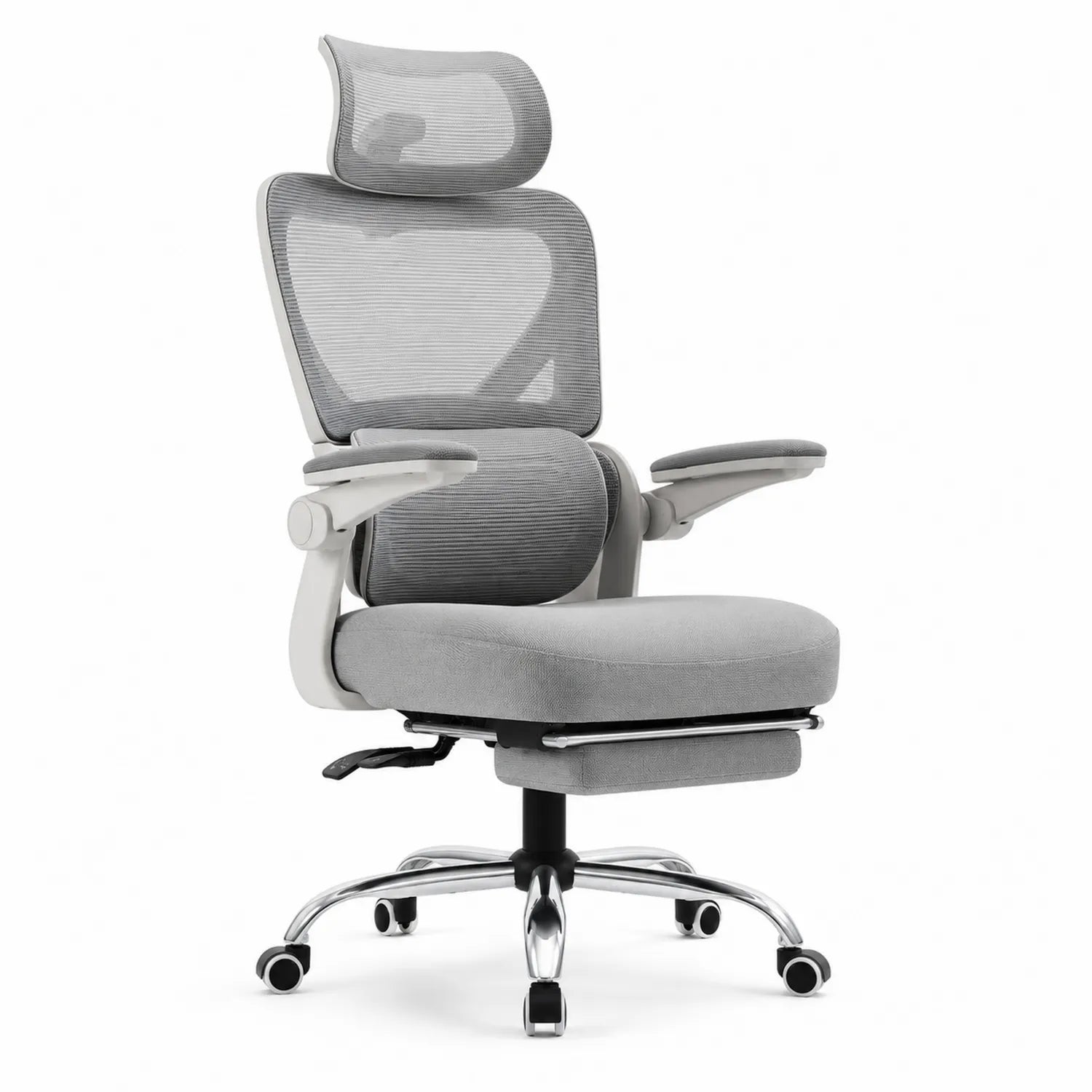 Sedia ergonomica in rete grigia regolabile con poggiapiedi